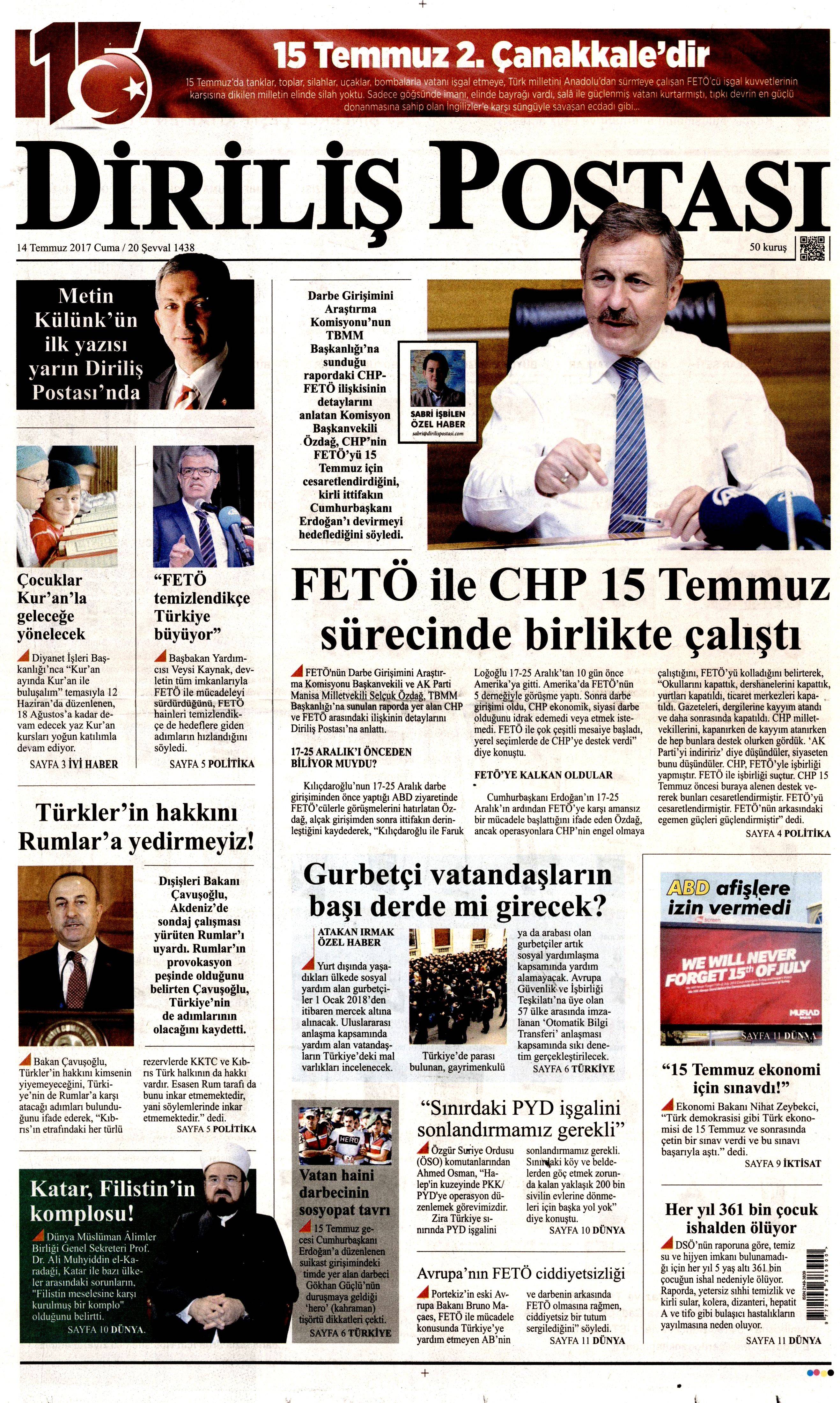 14 Temmuz 2017 Cuma gazete manşetleri - 3