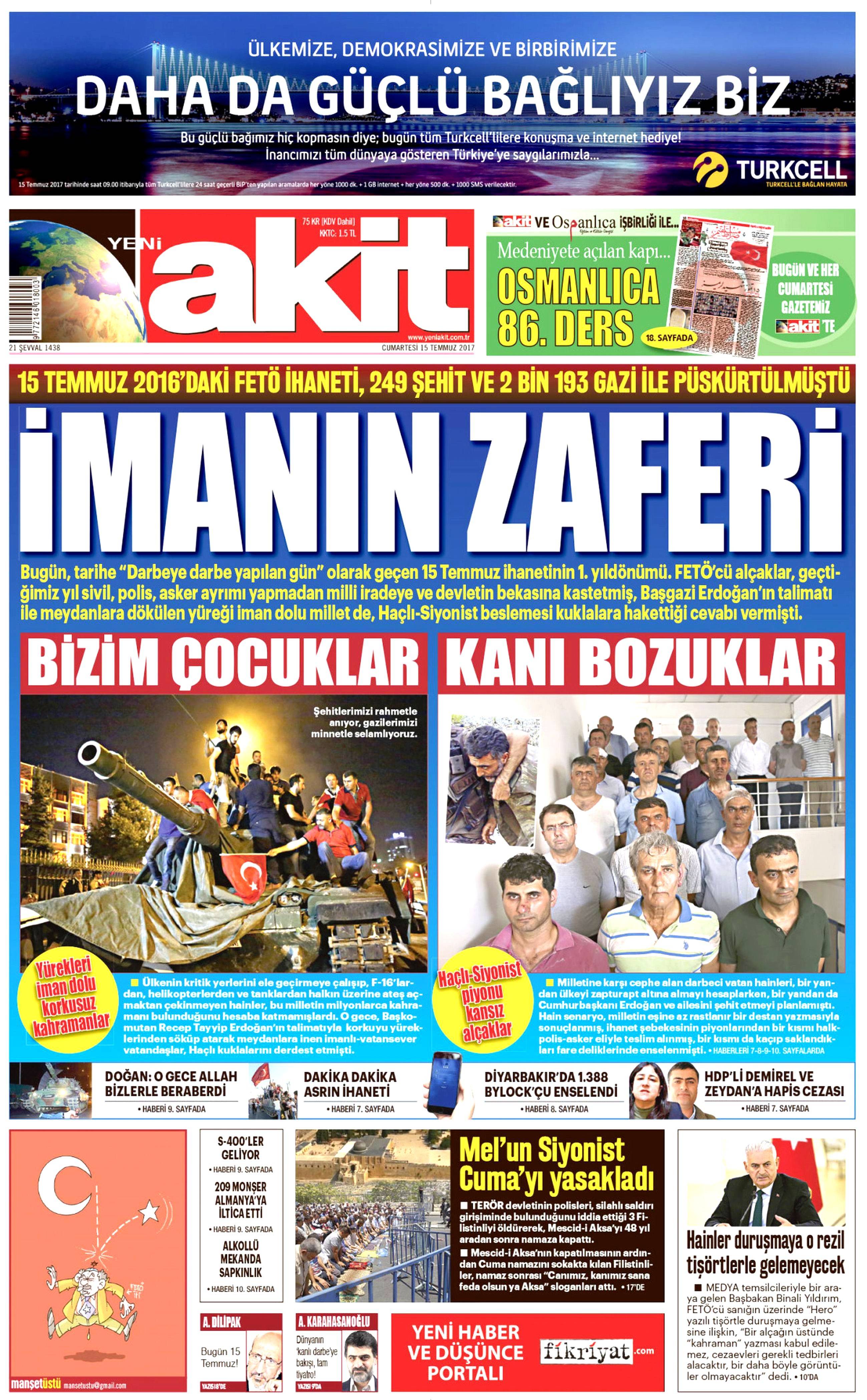 15 Temmuz 2017 Cumartesi gazete manşetleri - 2