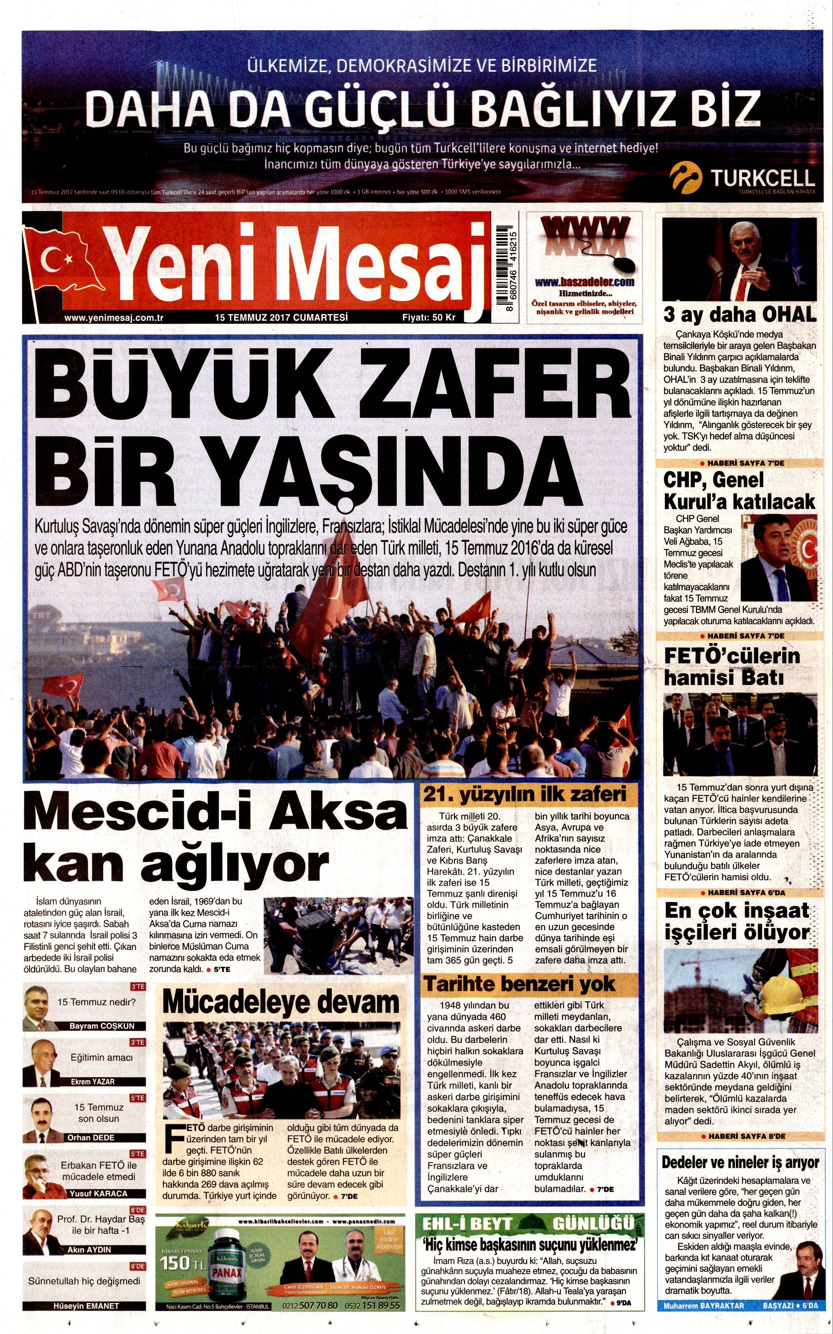 15 Temmuz 2017 Cumartesi gazete manşetleri - 24