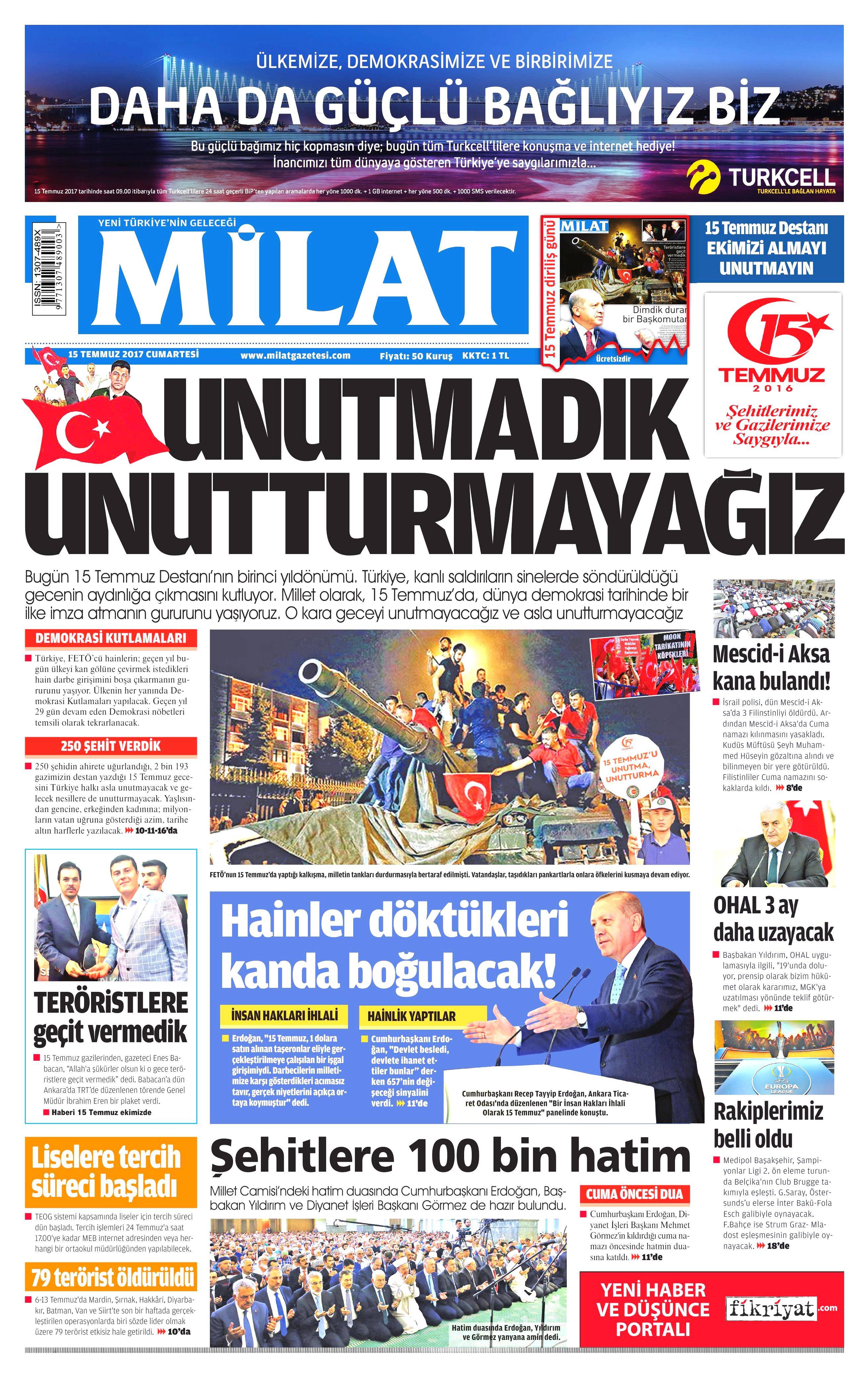 15 Temmuz 2017 Cumartesi gazete manşetleri - 9