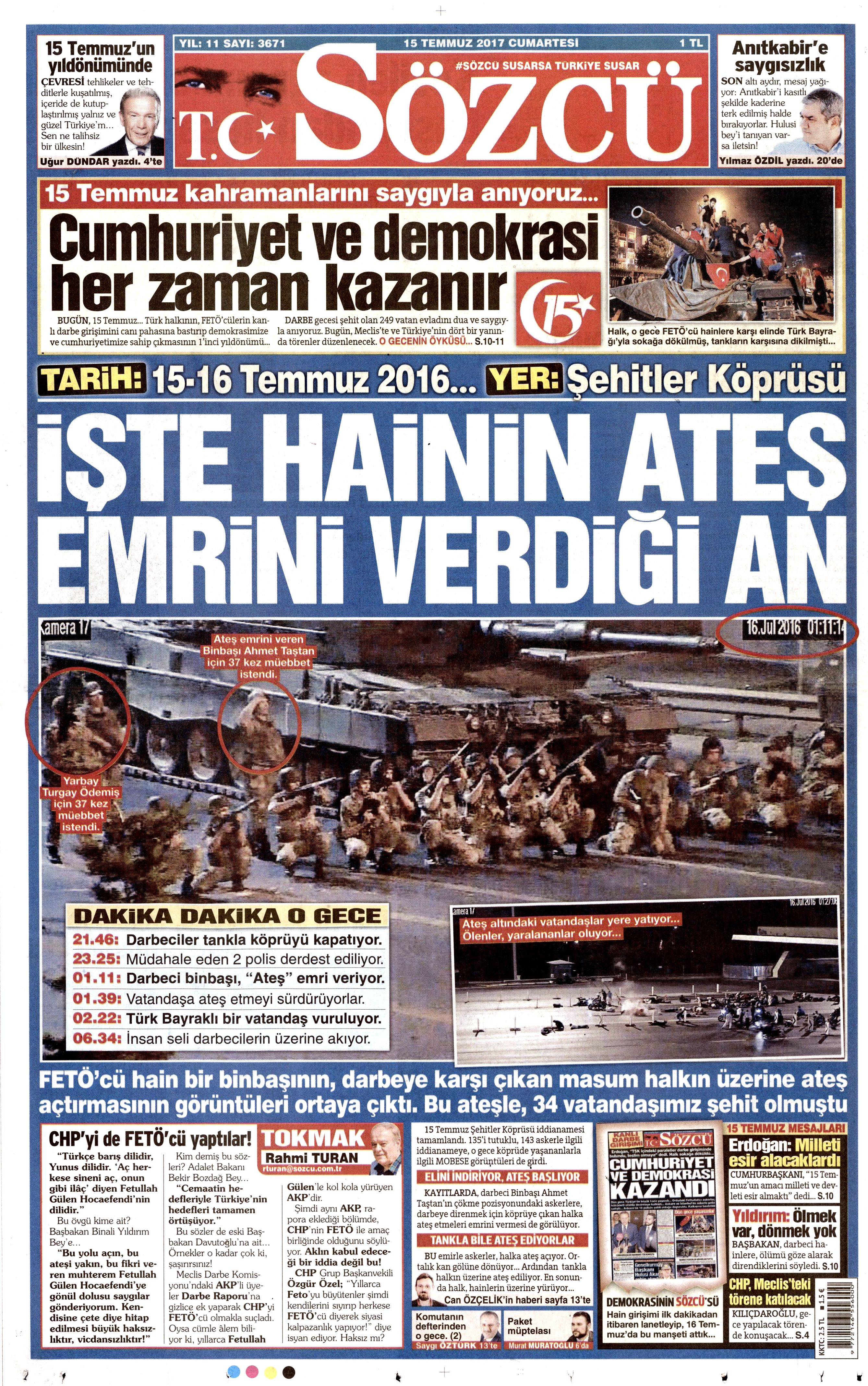 15 Temmuz 2017 Cumartesi gazete manşetleri - 16