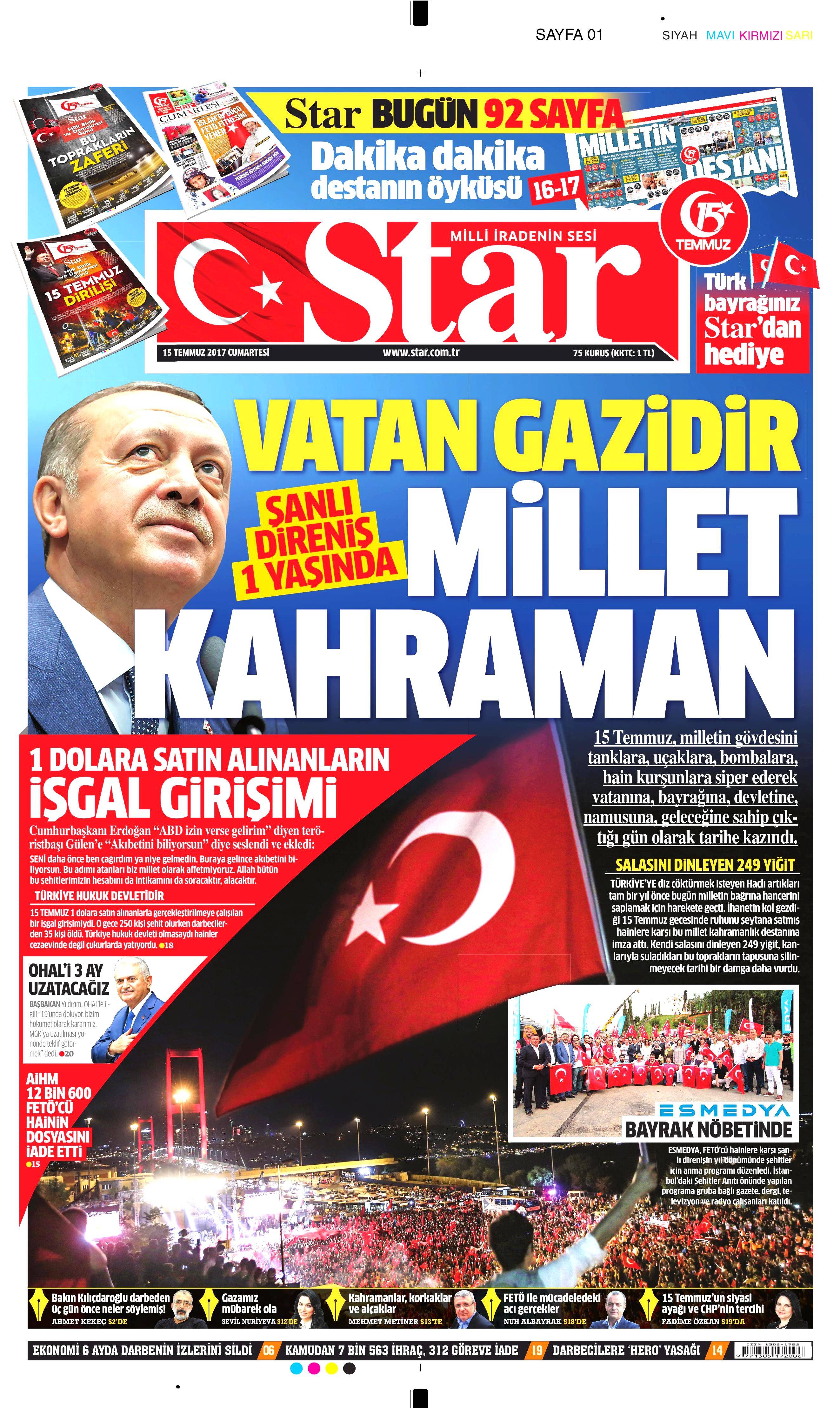 15 Temmuz 2017 Cumartesi gazete manşetleri - 15