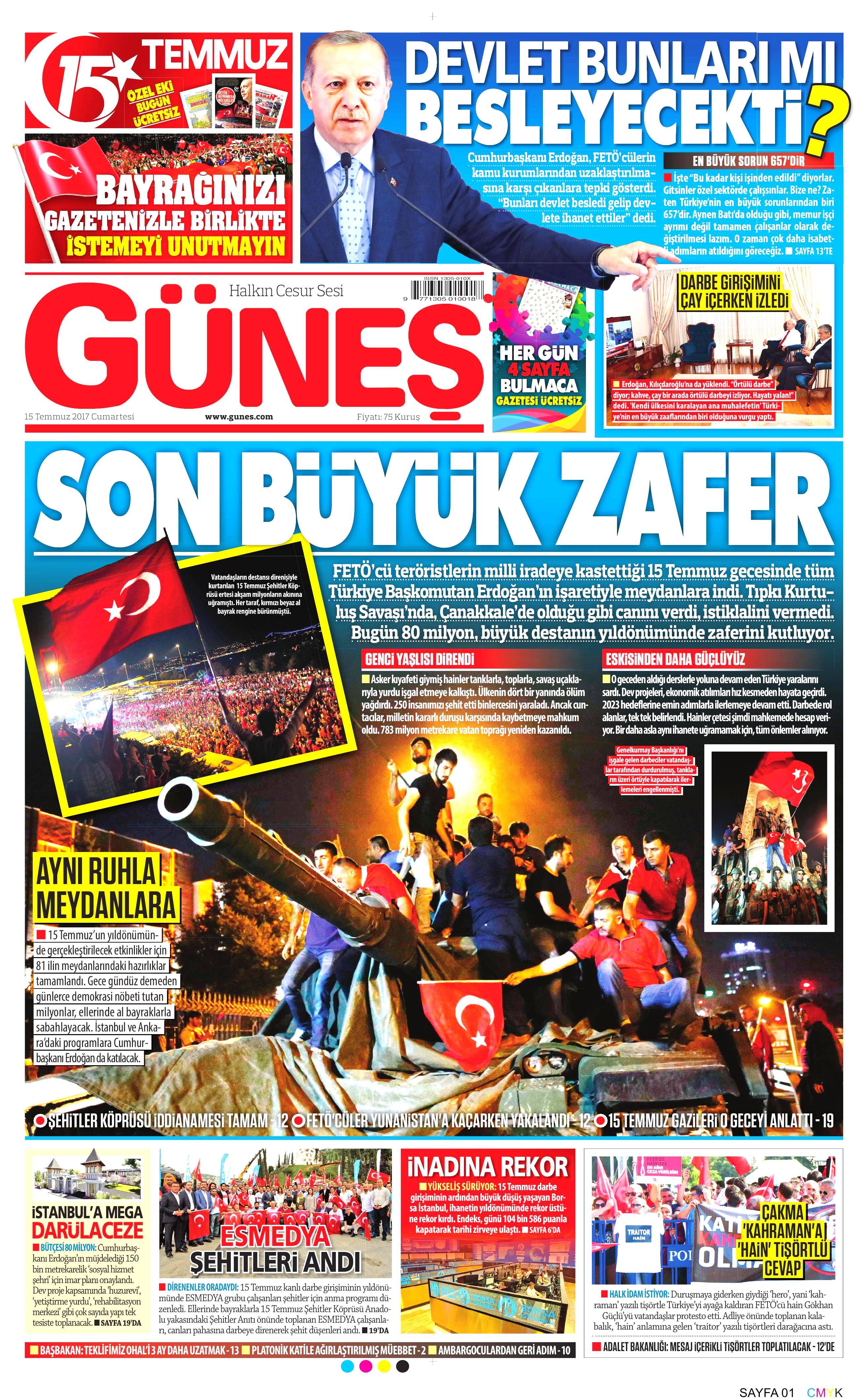 15 Temmuz 2017 Cumartesi gazete manşetleri - 4