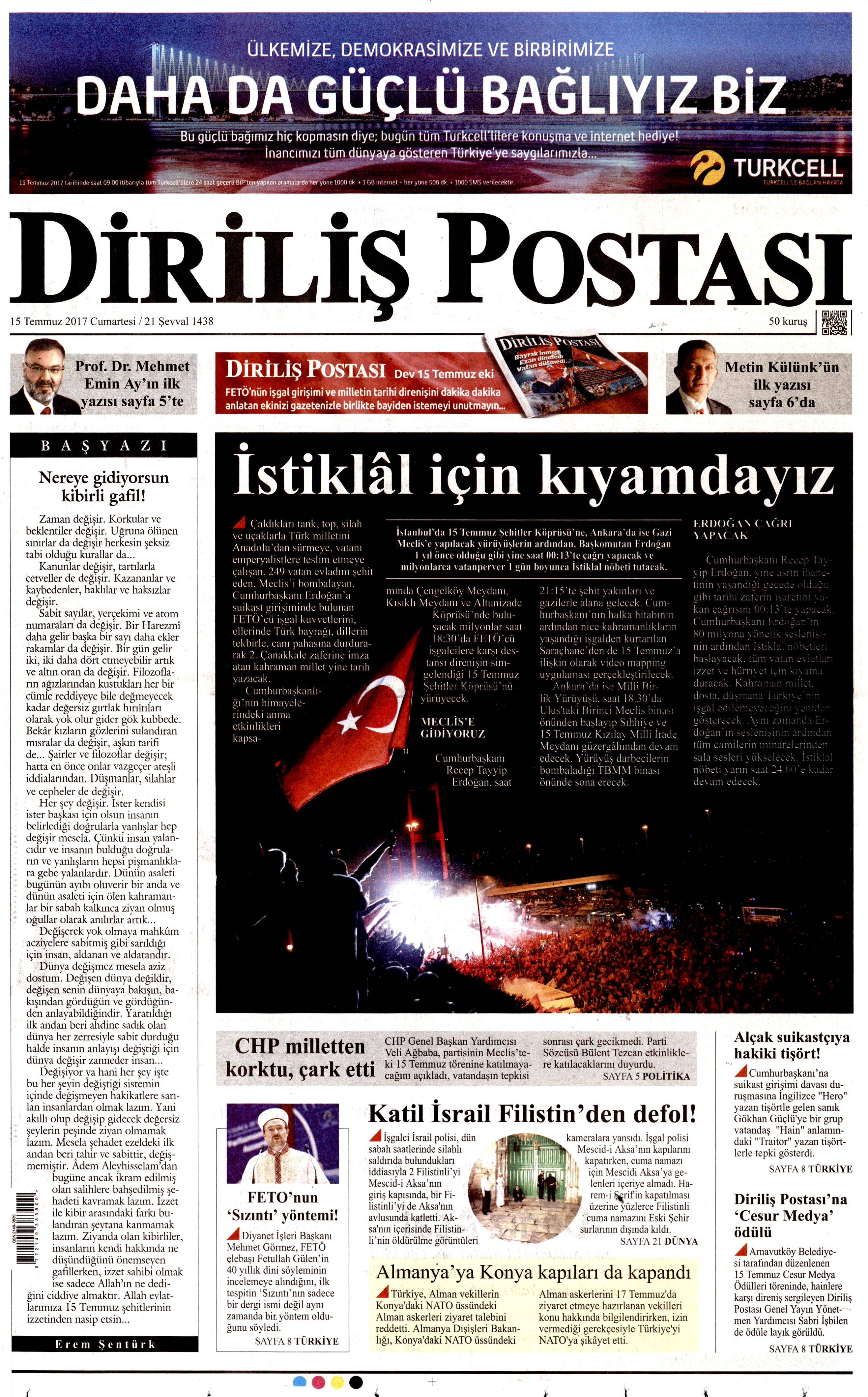 15 Temmuz 2017 Cumartesi gazete manşetleri - 3