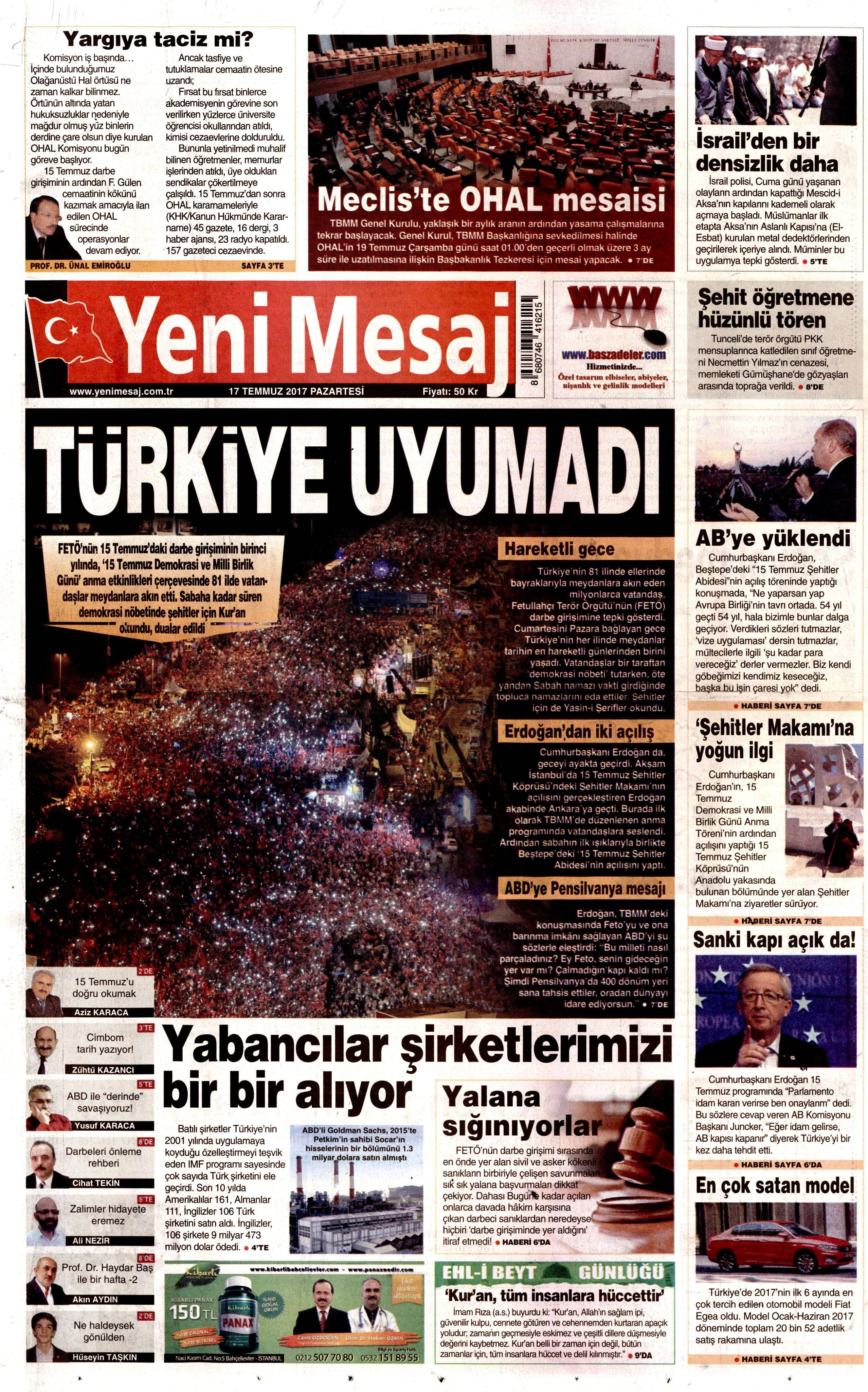 17 Temmuz 2017 Pazartesi gazete manşetleri - 22