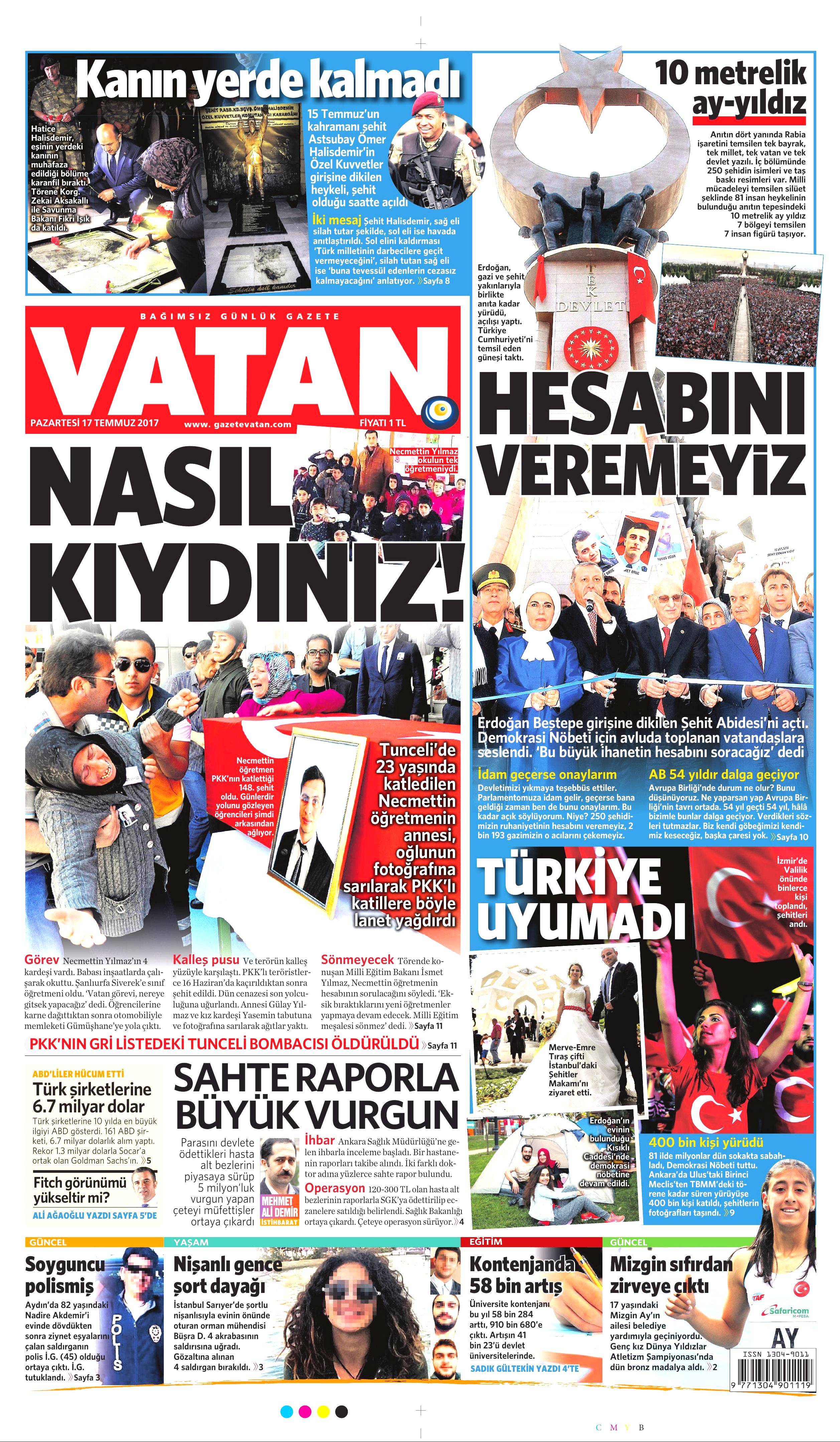 17 Temmuz 2017 Pazartesi gazete manşetleri - 18