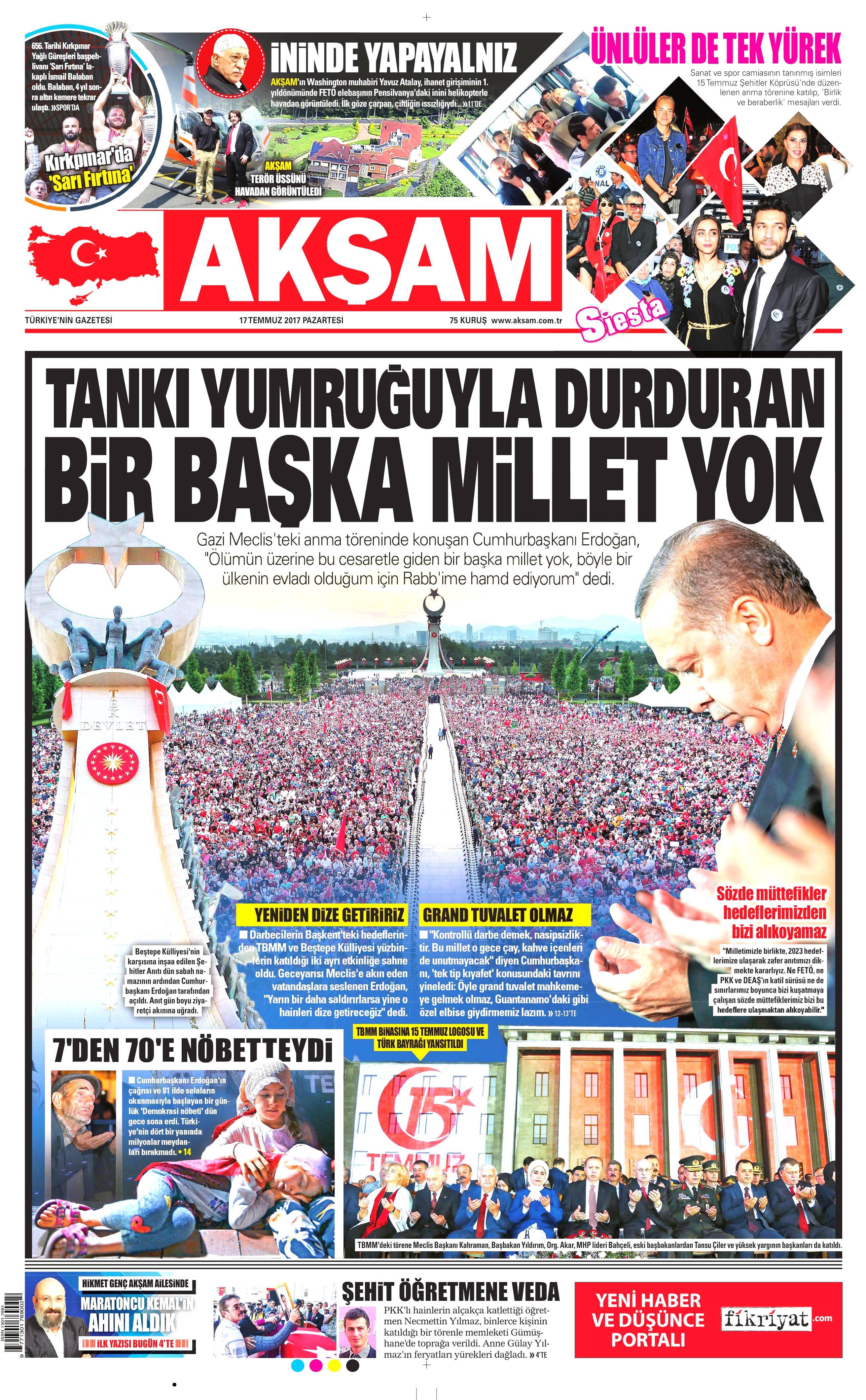 17 Temmuz 2017 Pazartesi gazete manşetleri - 1