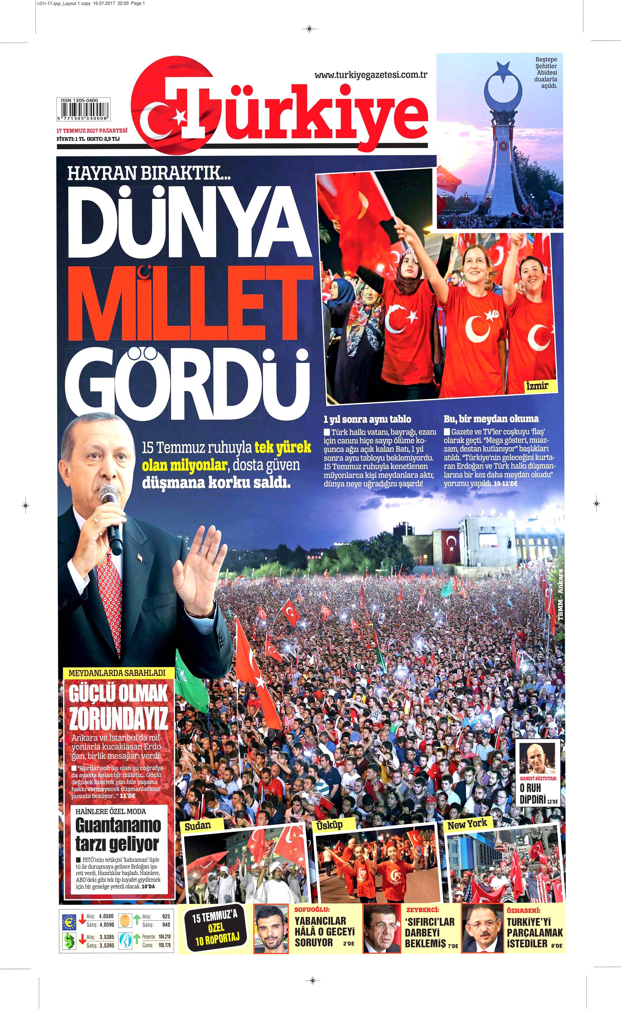 17 Temmuz 2017 Pazartesi gazete manşetleri - 17