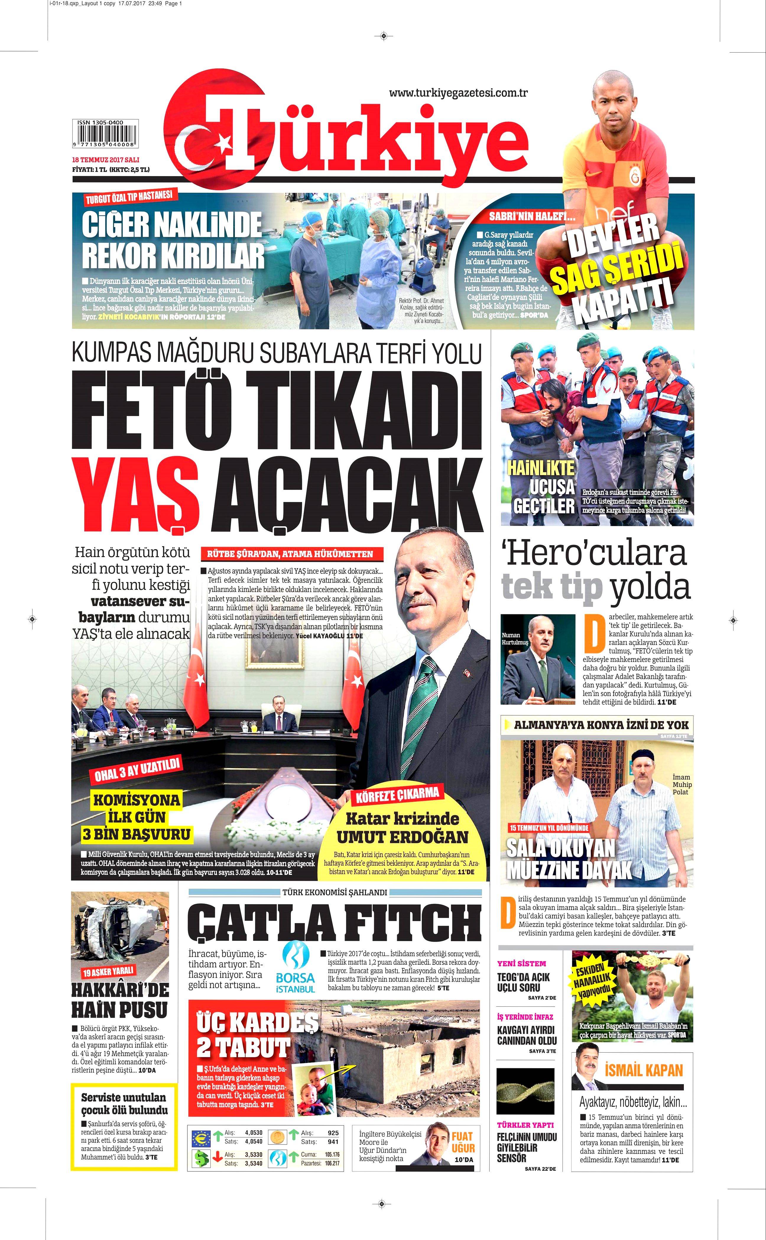18 Temmuz 2017 Salı gazete manşetleri - 17