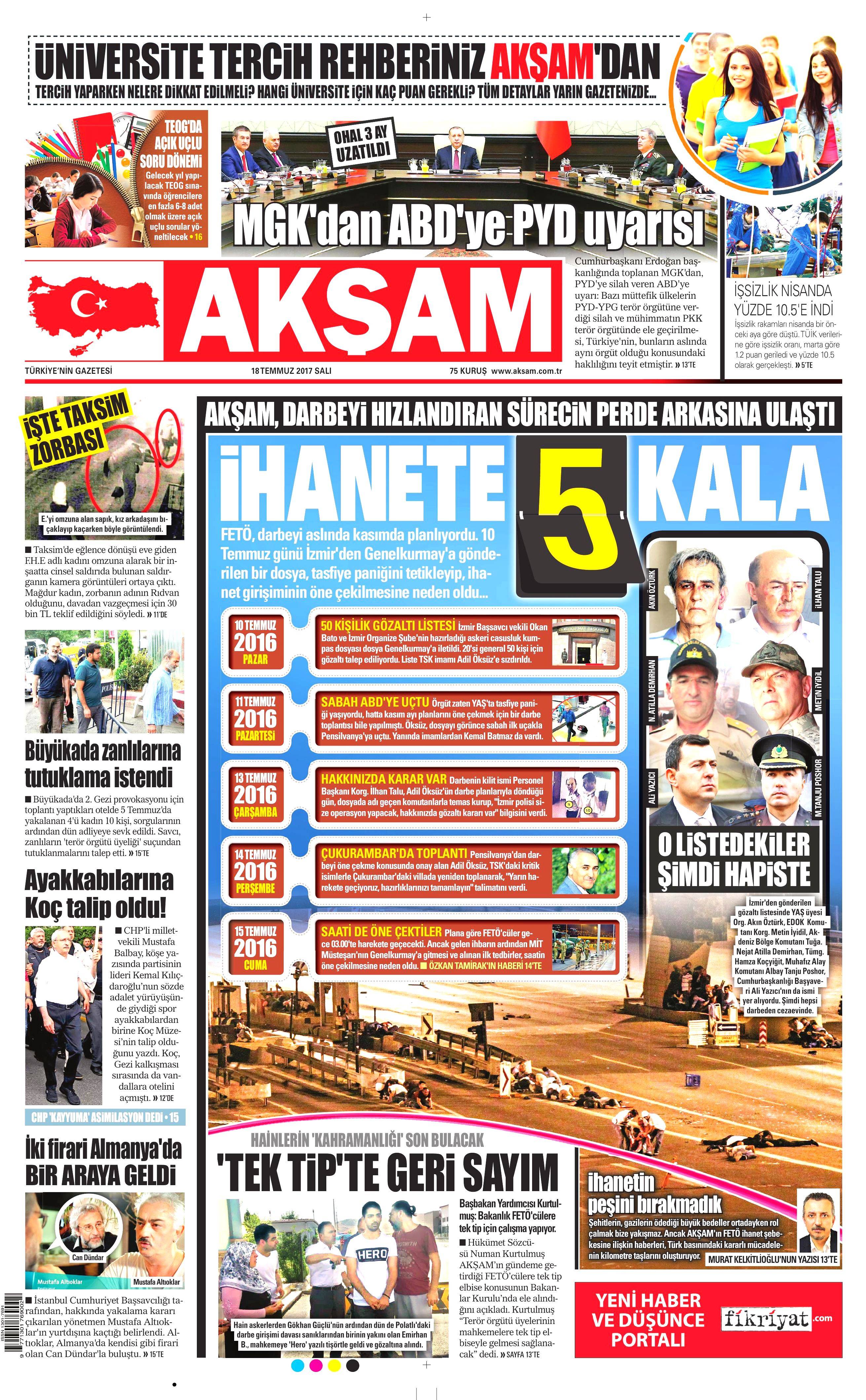 18 Temmuz 2017 Salı gazete manşetleri - 1