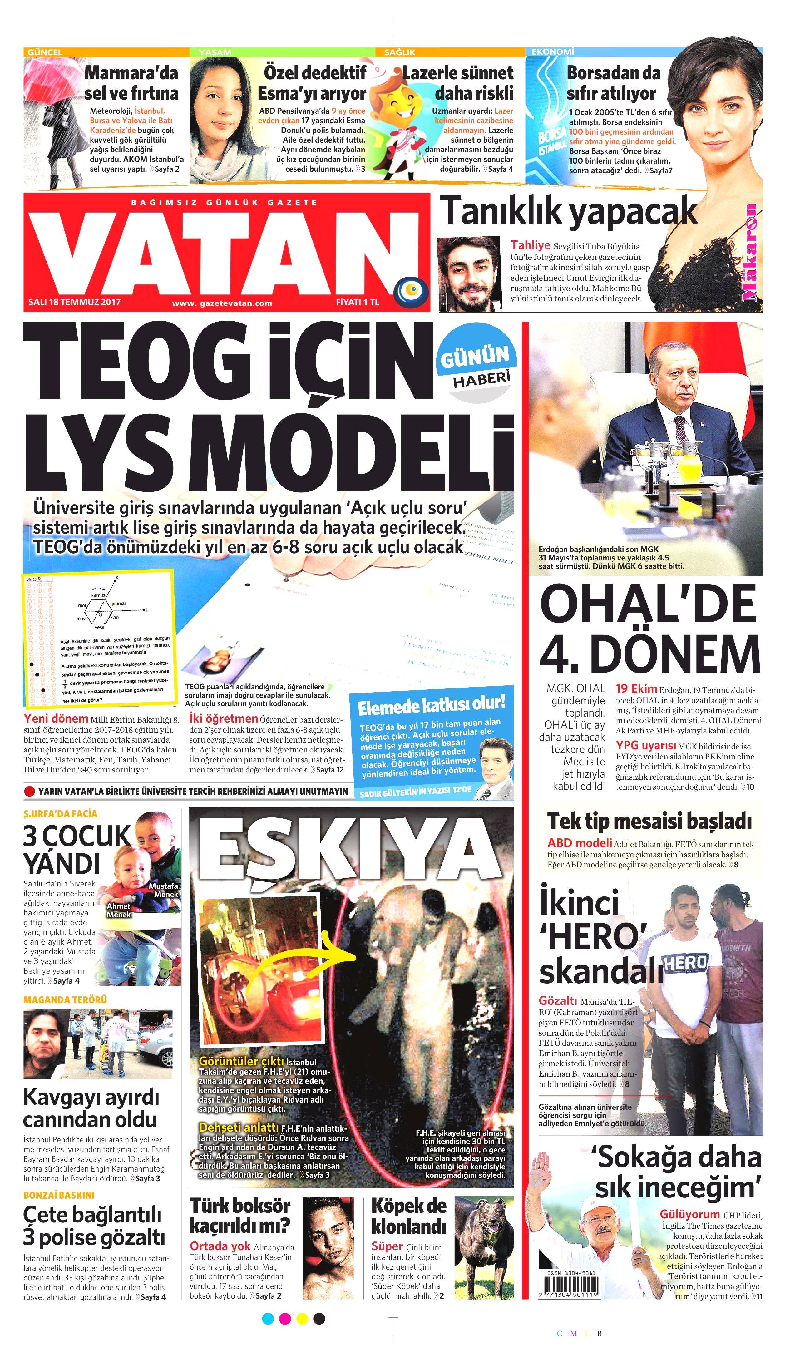 18 Temmuz 2017 Salı gazete manşetleri - 18