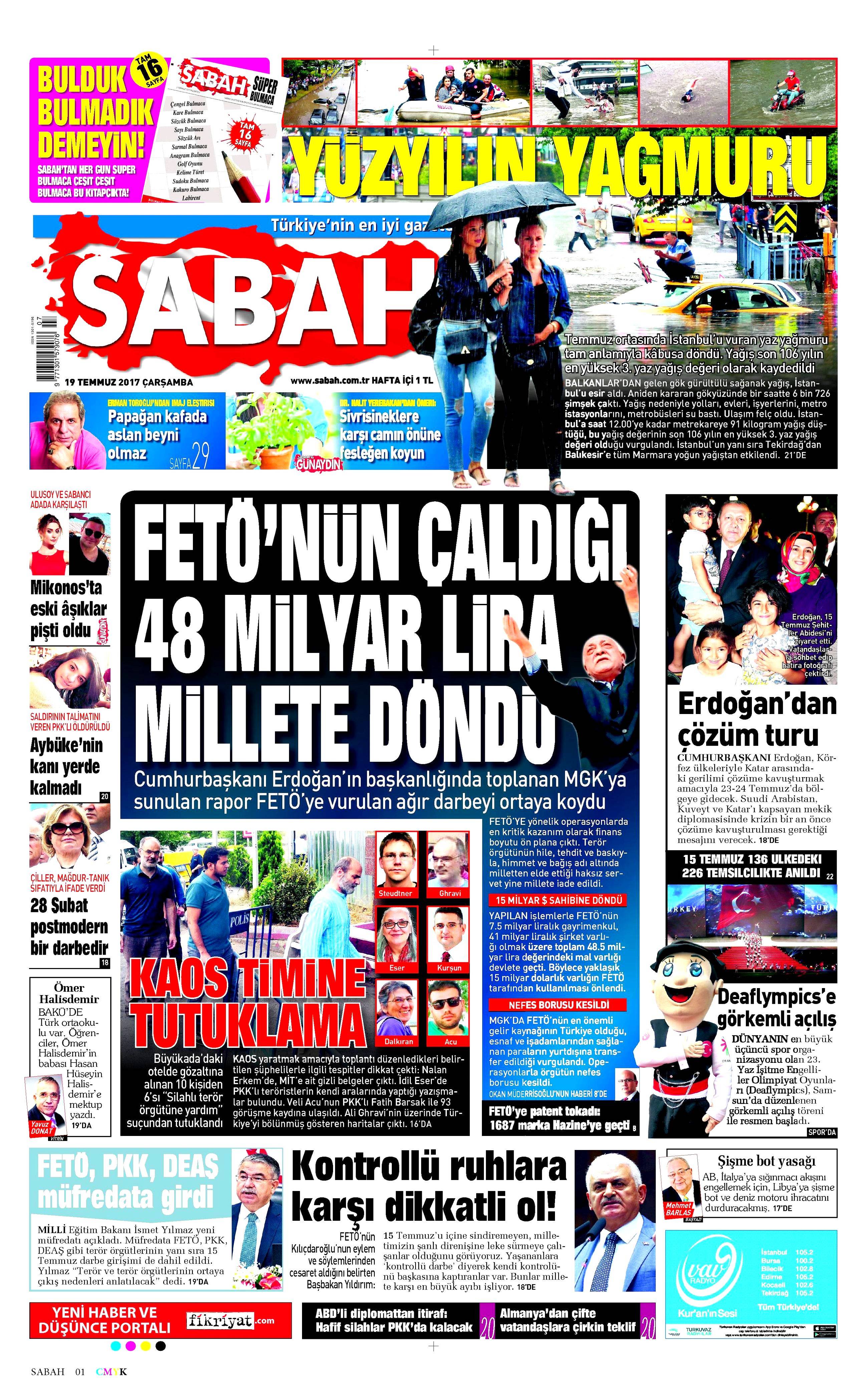 19 Temmuz 2017 Çarşamba gazete manşetleri - 20