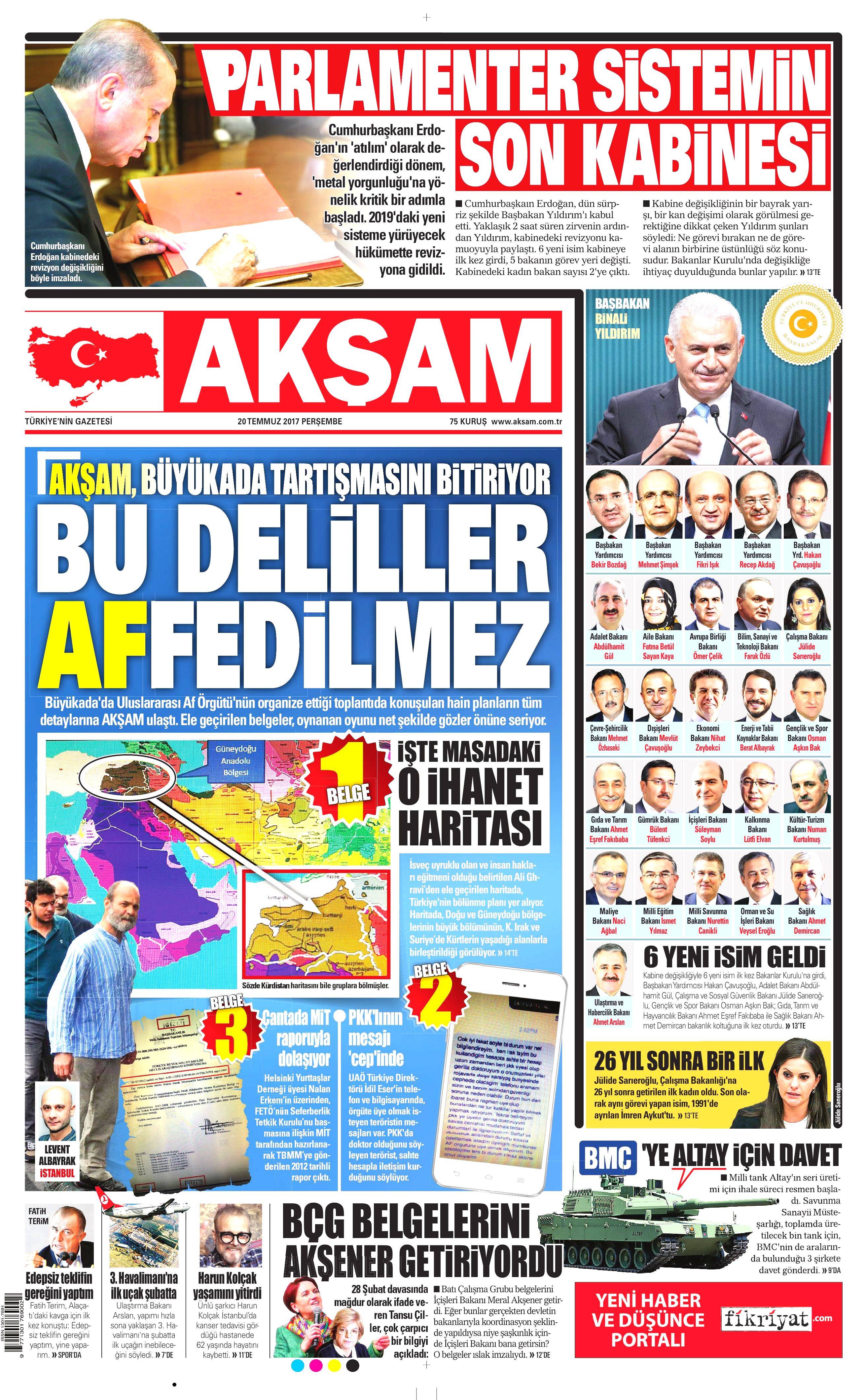 20 Temmuz 2017 gazete manşetleri - 1