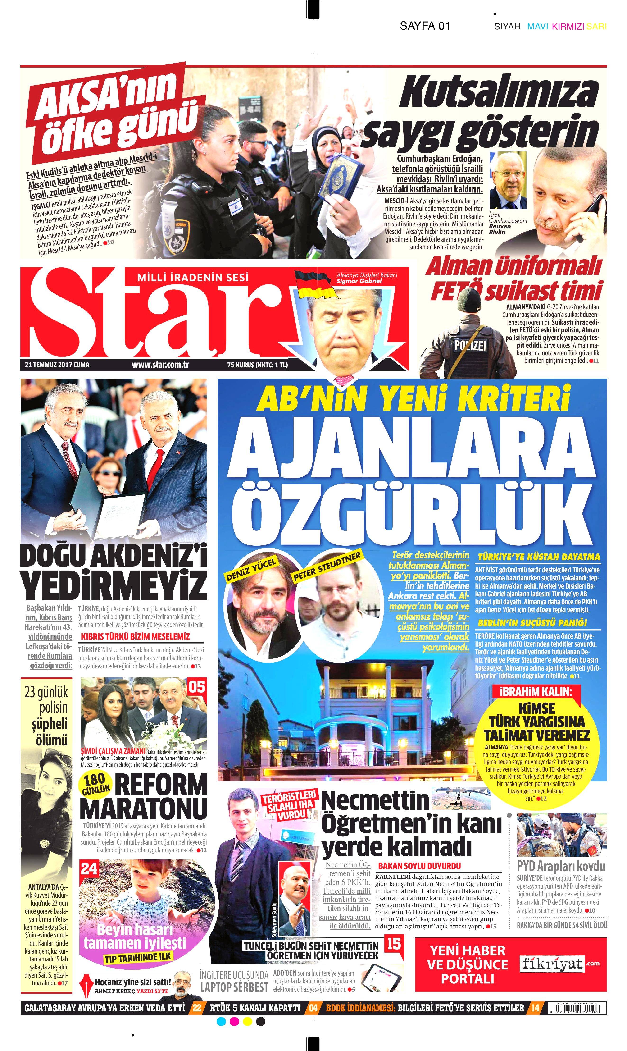 21 Temmuz 2017 gazete manşetleri - 22