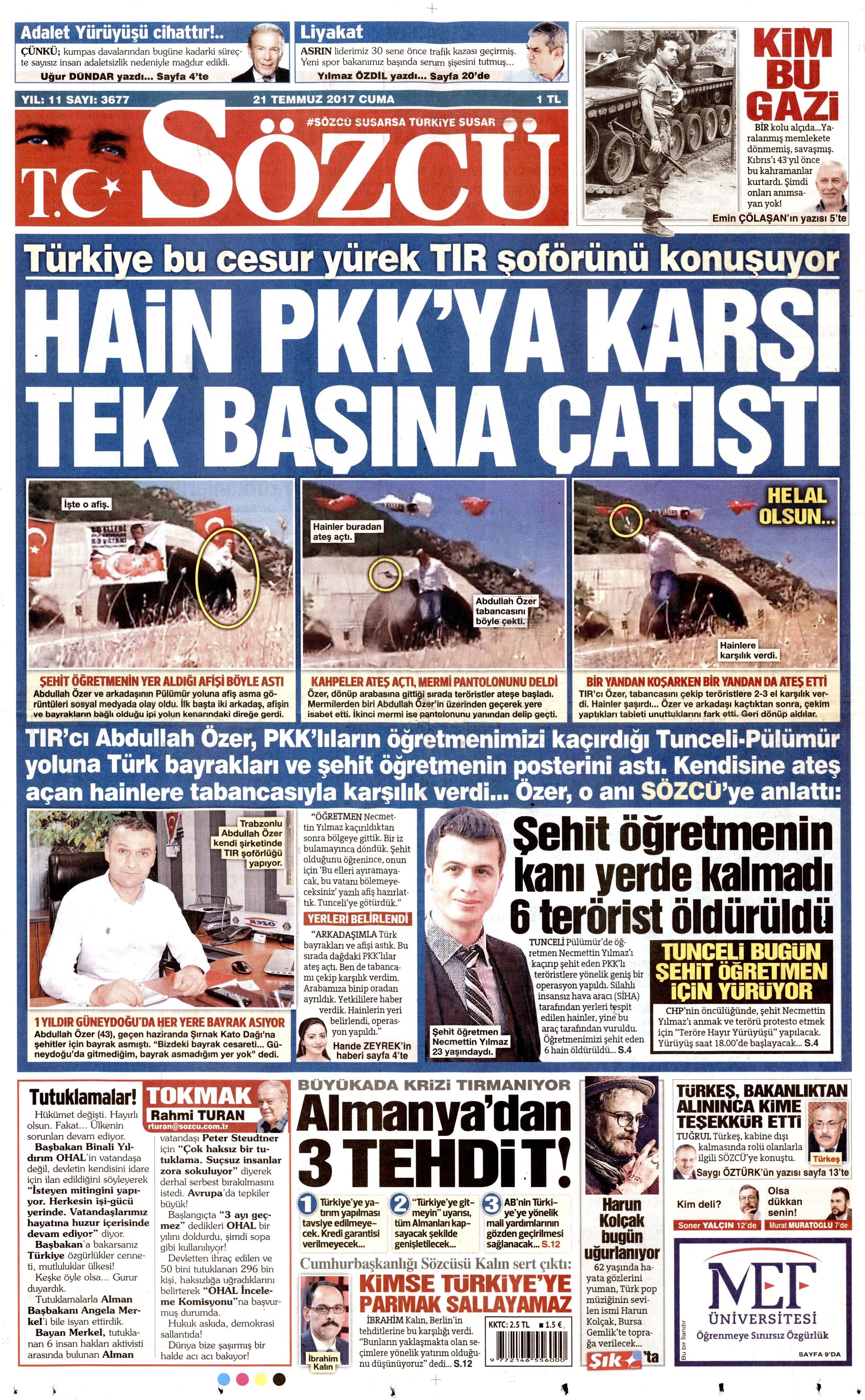 21 Temmuz 2017 gazete manşetleri - 21
