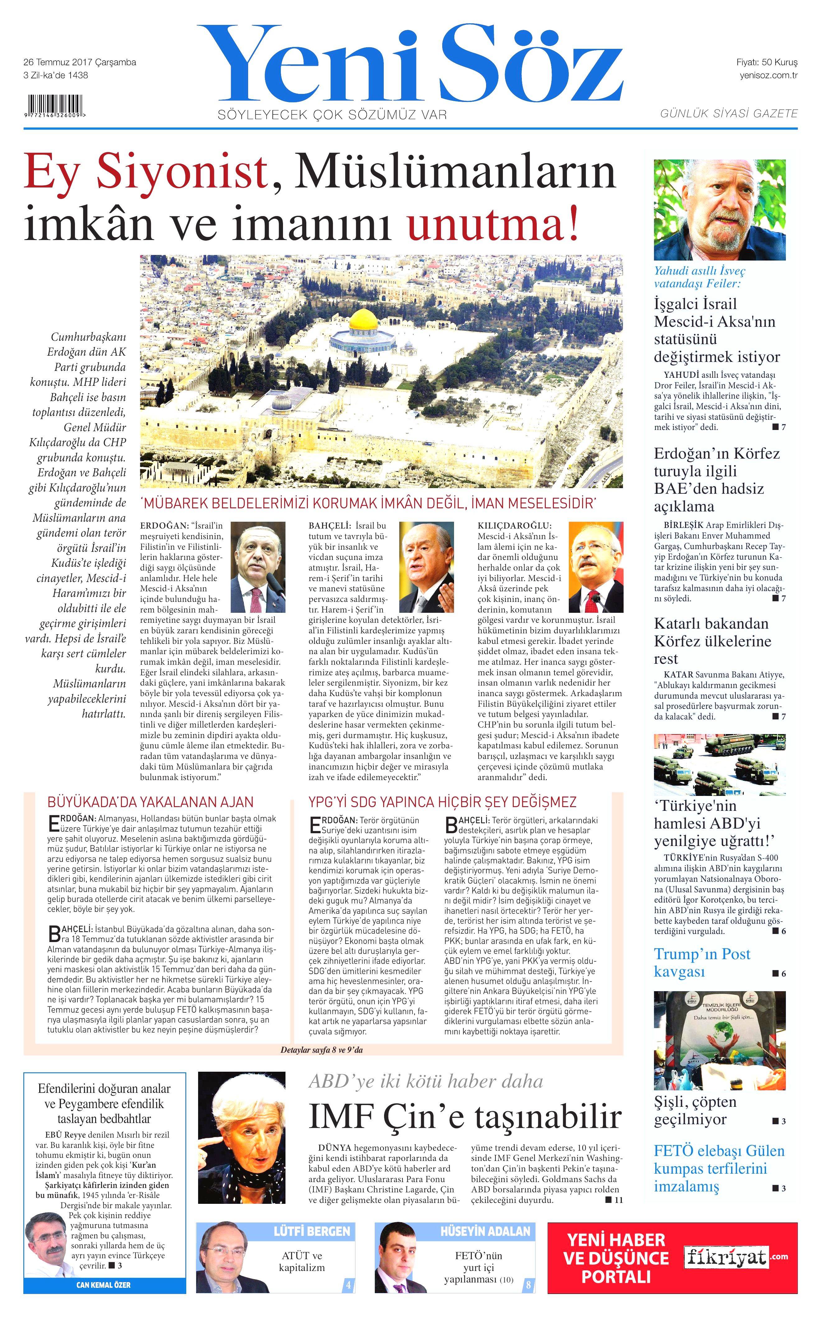 26 Temmuz 2017 gazete manşetleri - 32