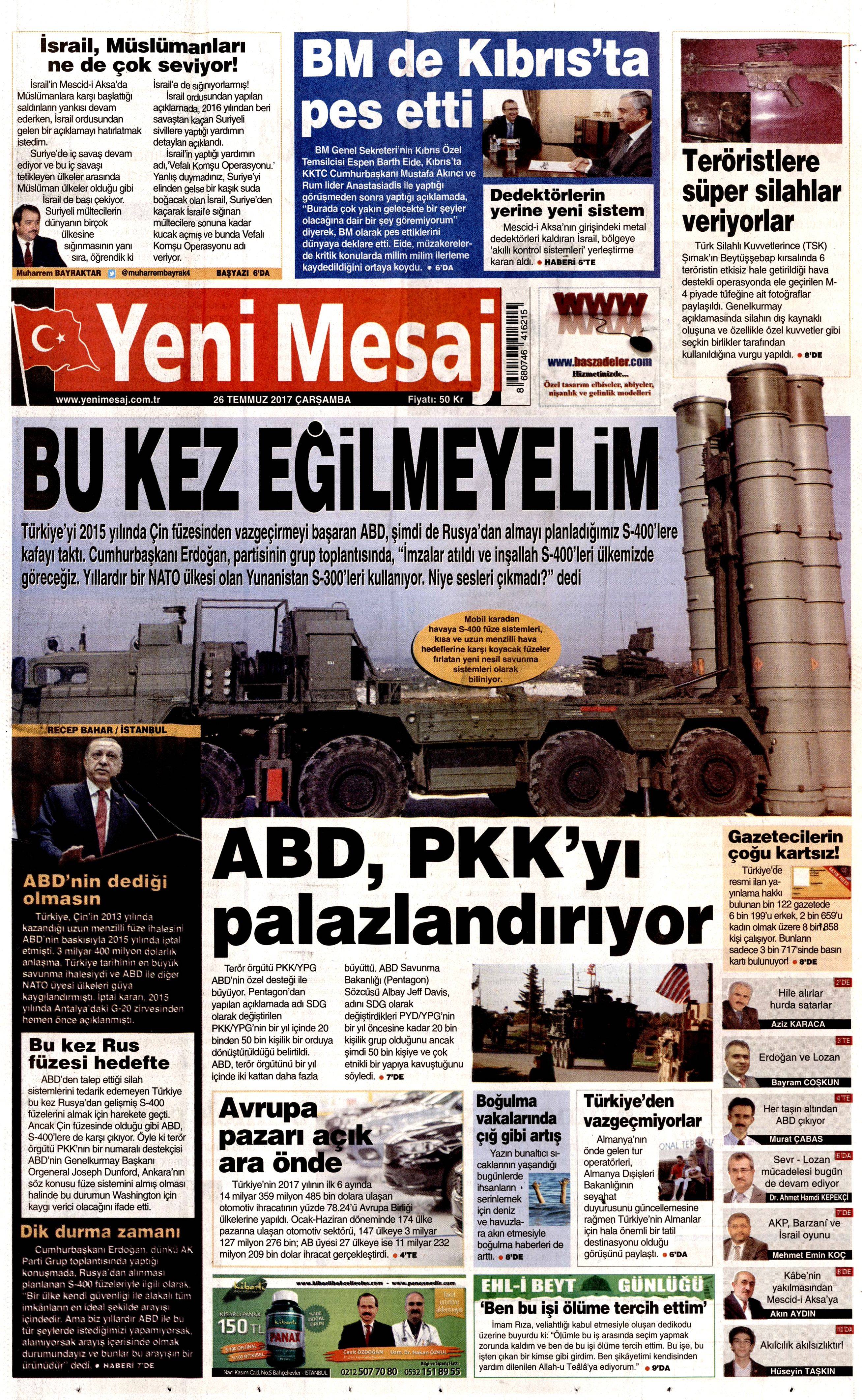 26 Temmuz 2017 gazete manşetleri - 26