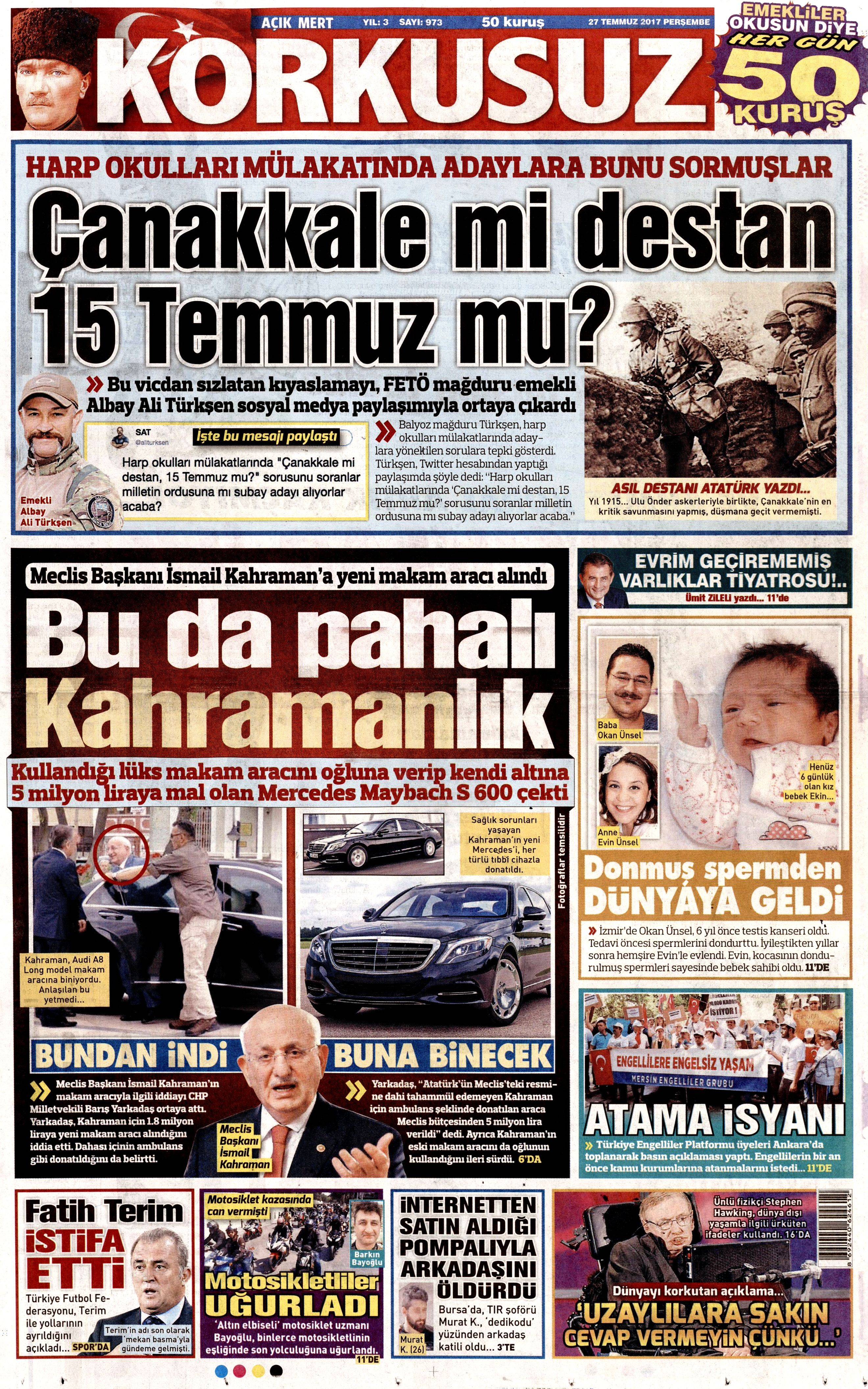 27 Temmuz 2017 gazete manşetleri - 14