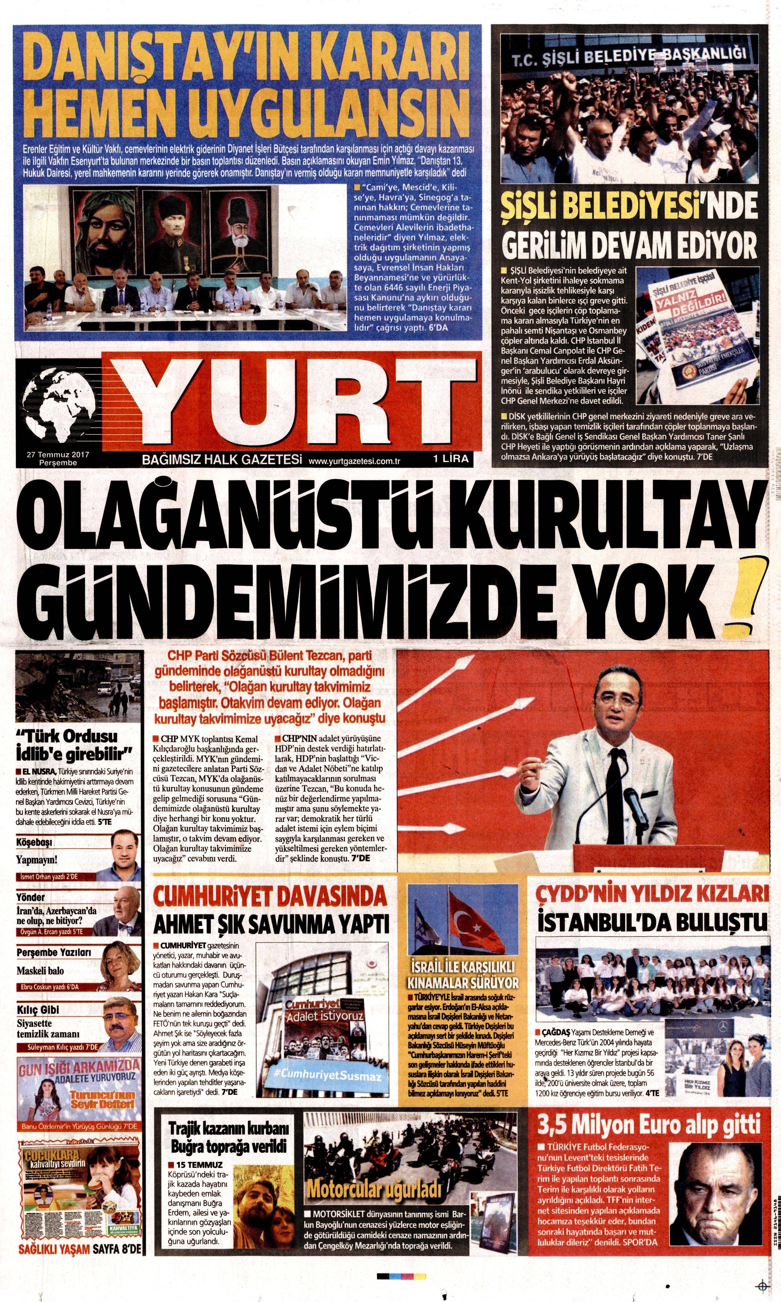 27 Temmuz 2017 gazete manşetleri - 27