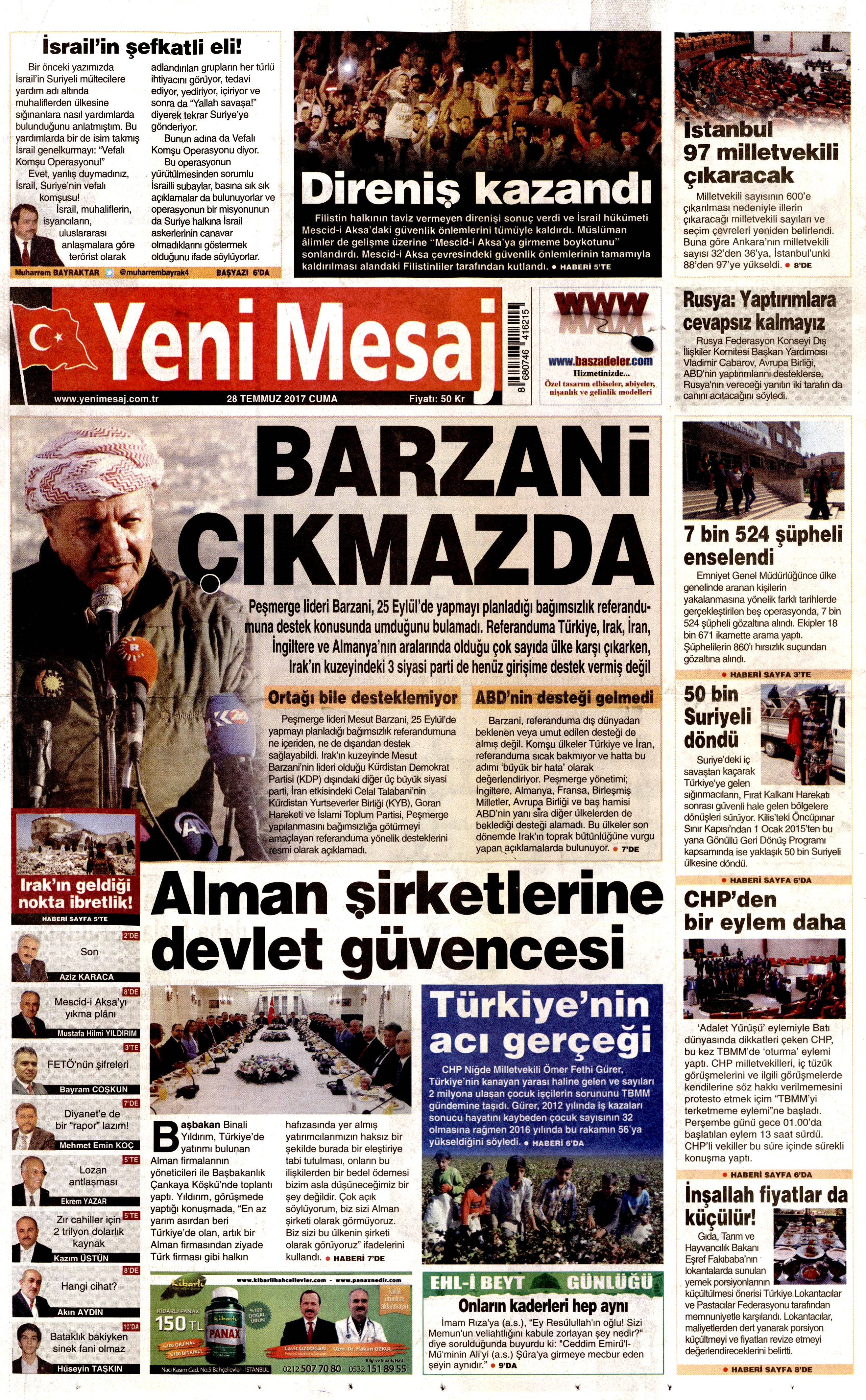 28 Temmuz 2017 gazete manşetleri - 28