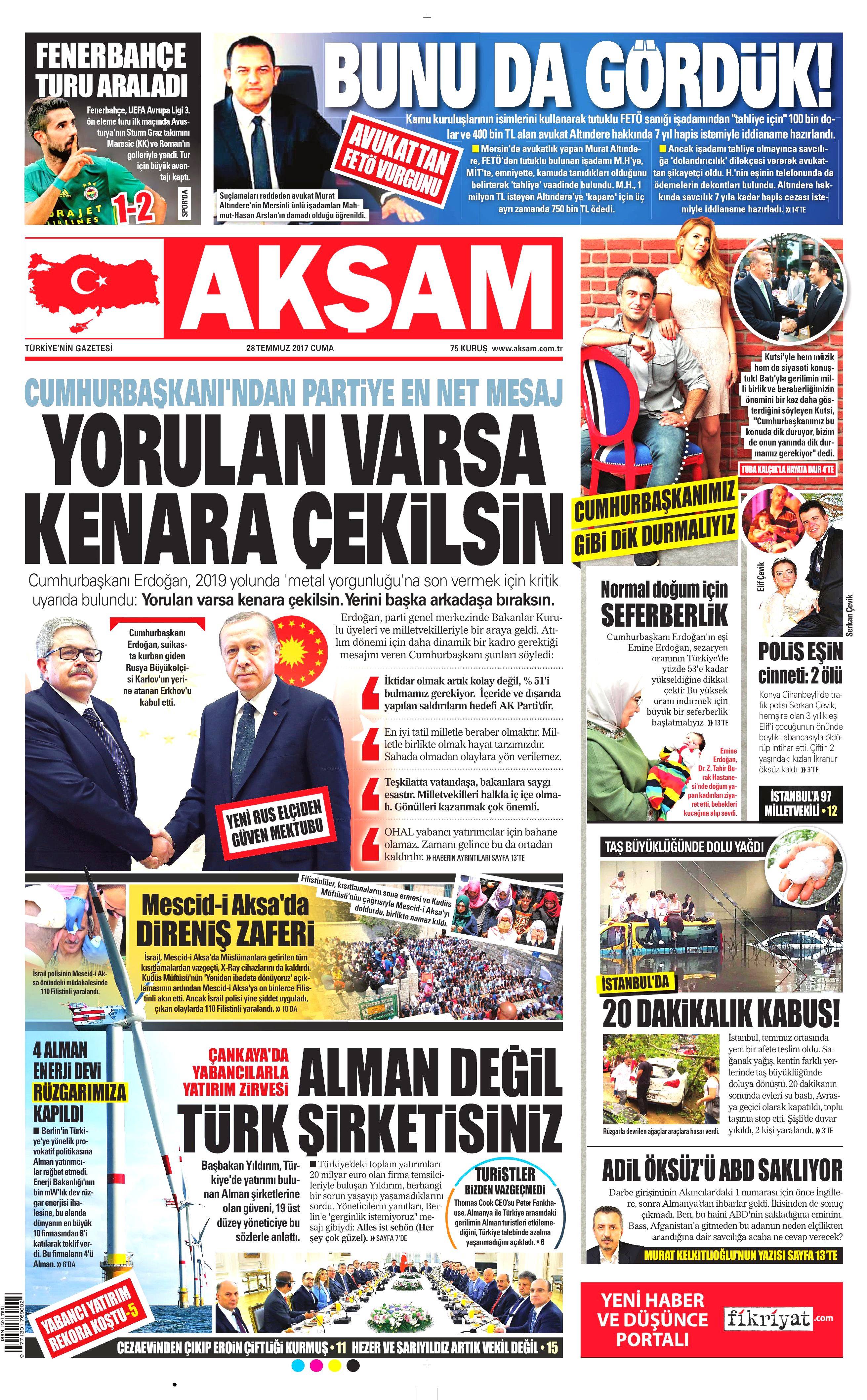 28 Temmuz 2017 gazete manşetleri - 1