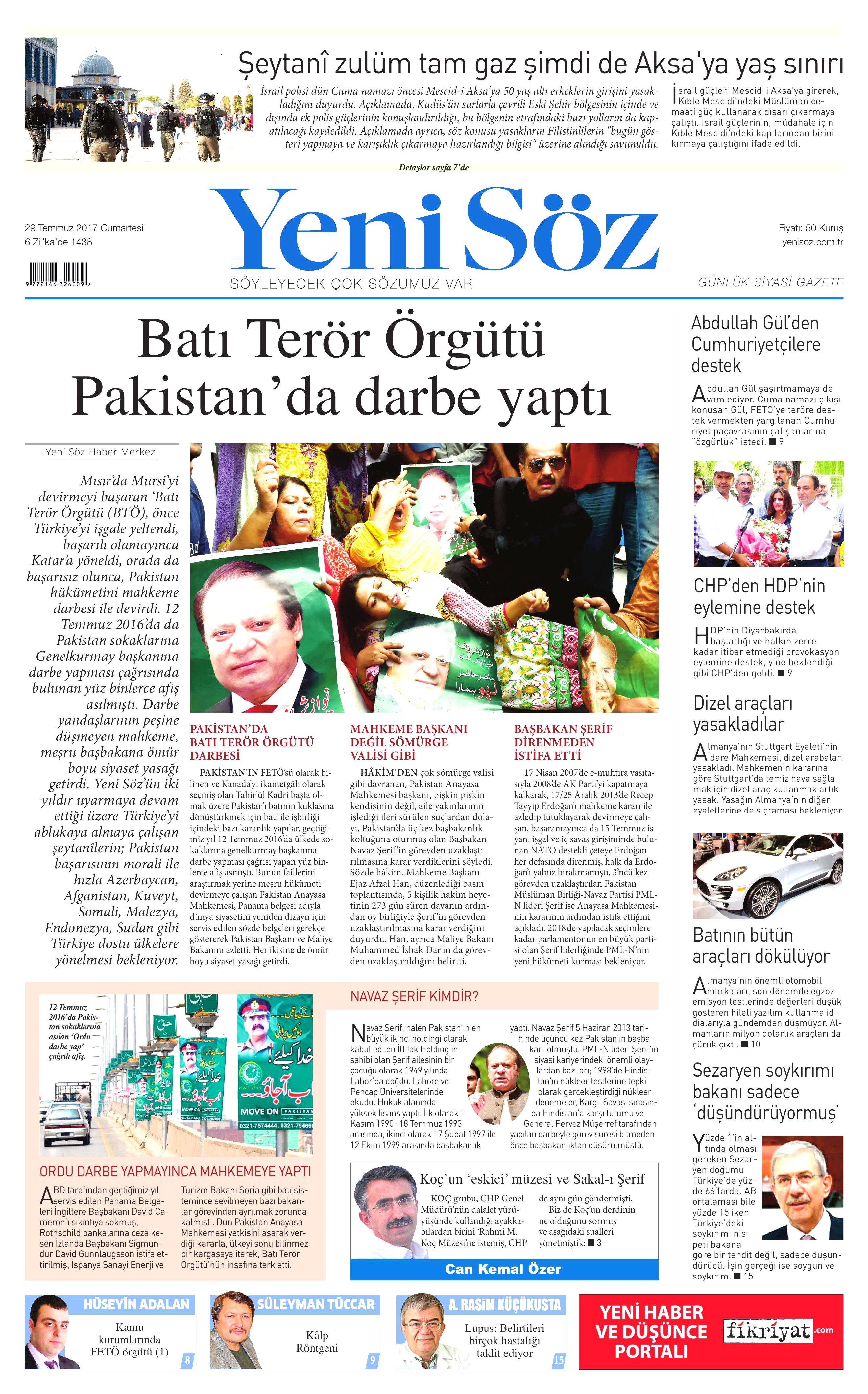 29 Temmuz 2017 gazete manşetleri - 30