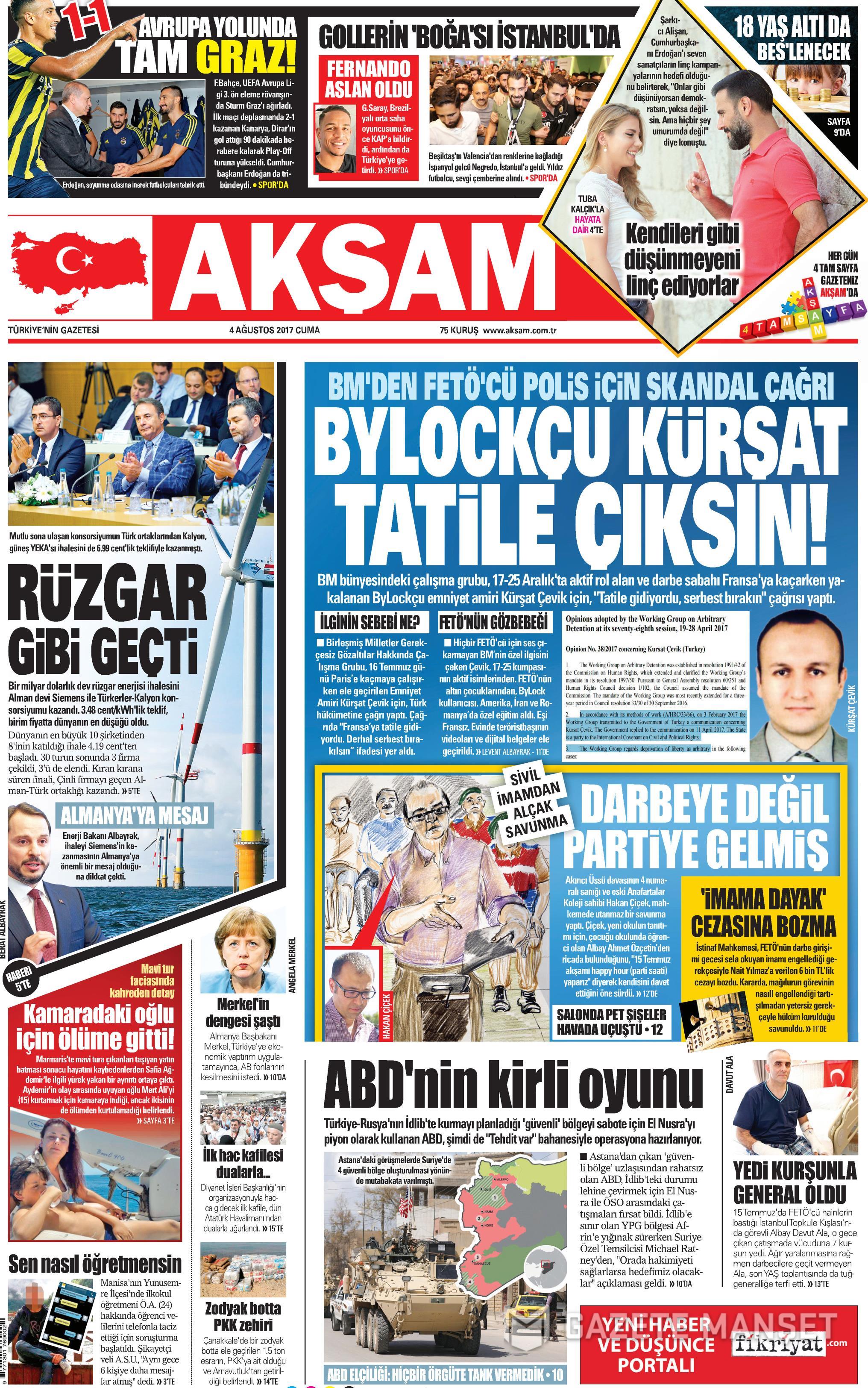 4 Ağustos 2017 gazete manşetleri - 1