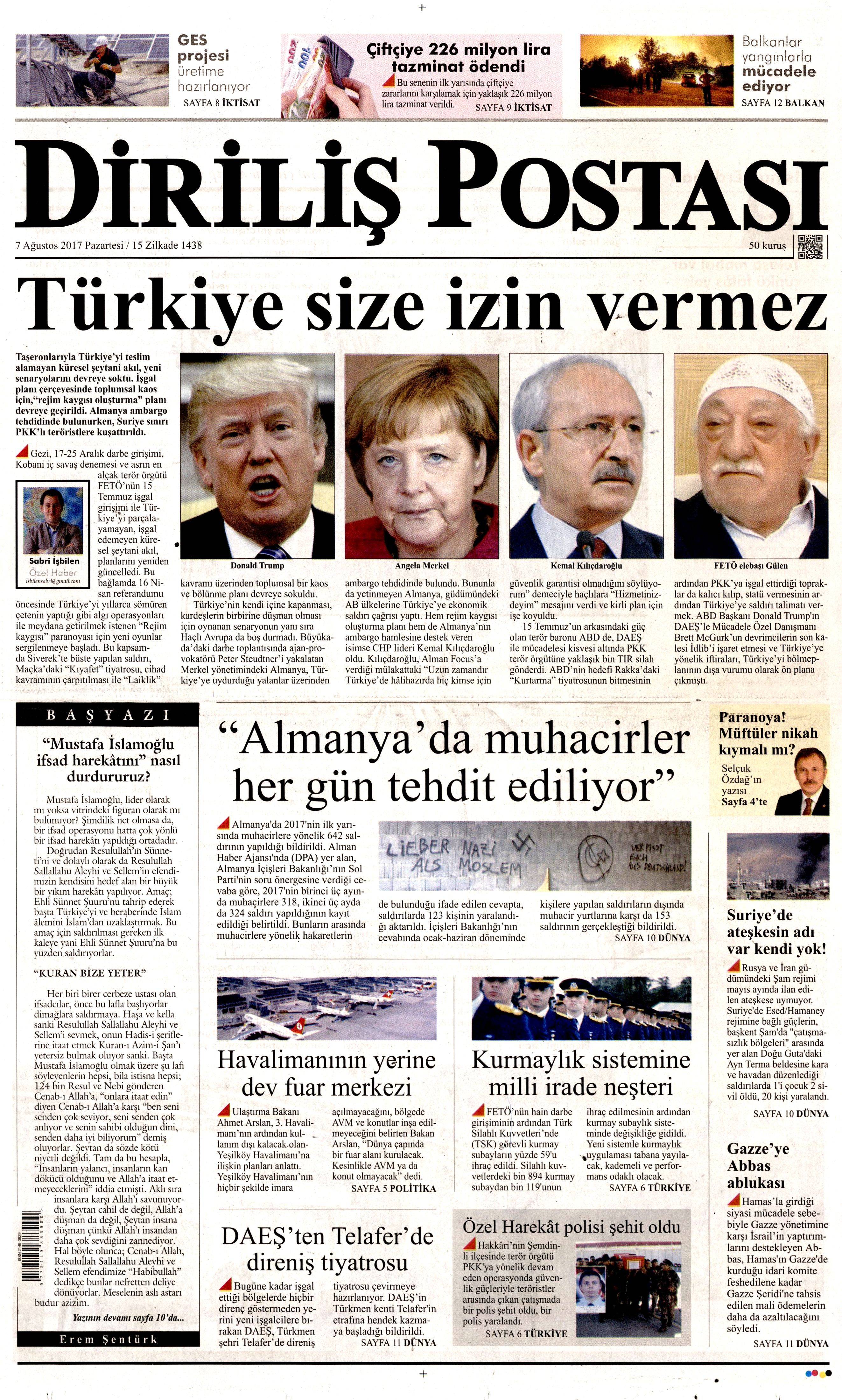 7 Ağustos 2017 gazete manşetleri - 7