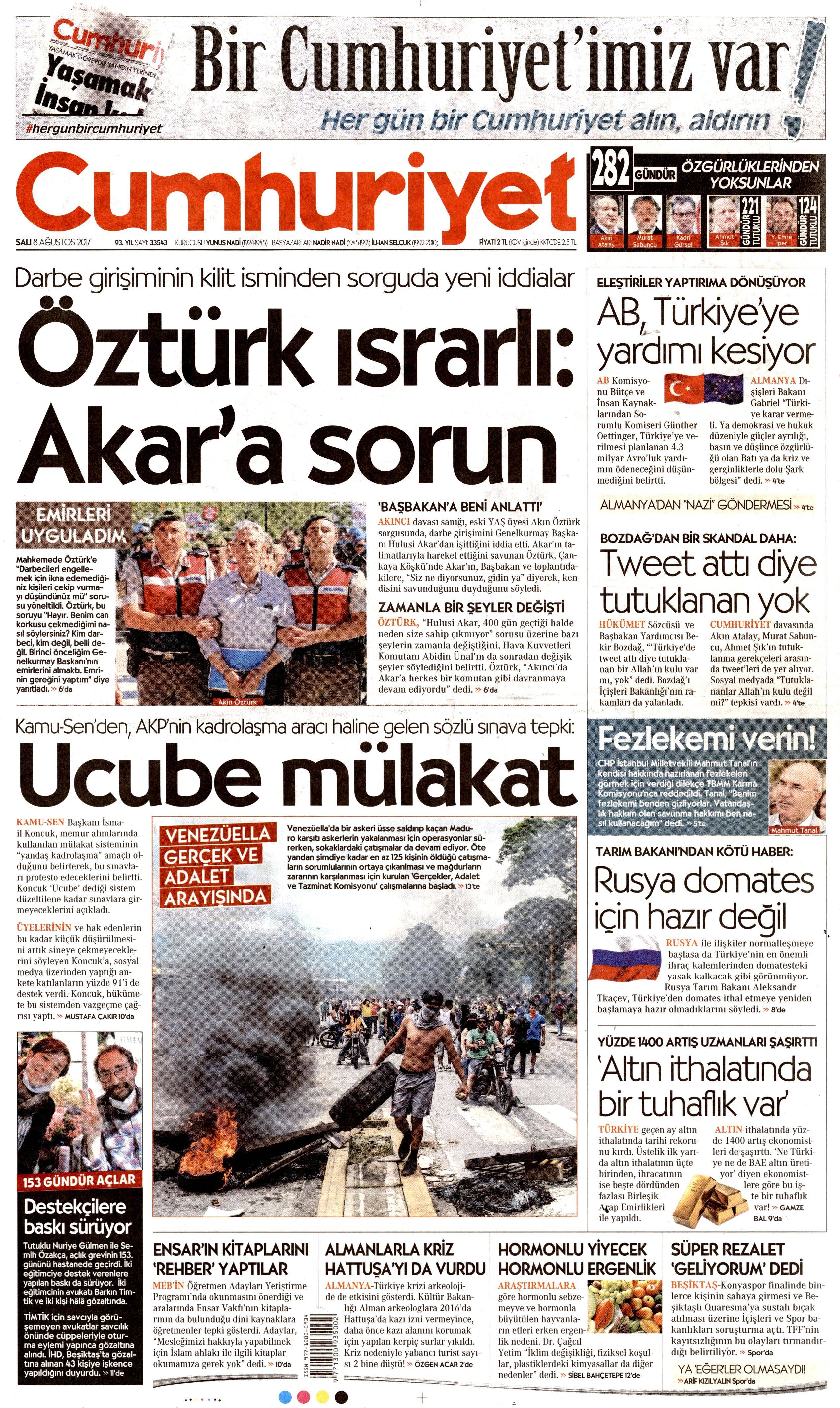 8 Ağustos 2017 gazete manşetleri - 0