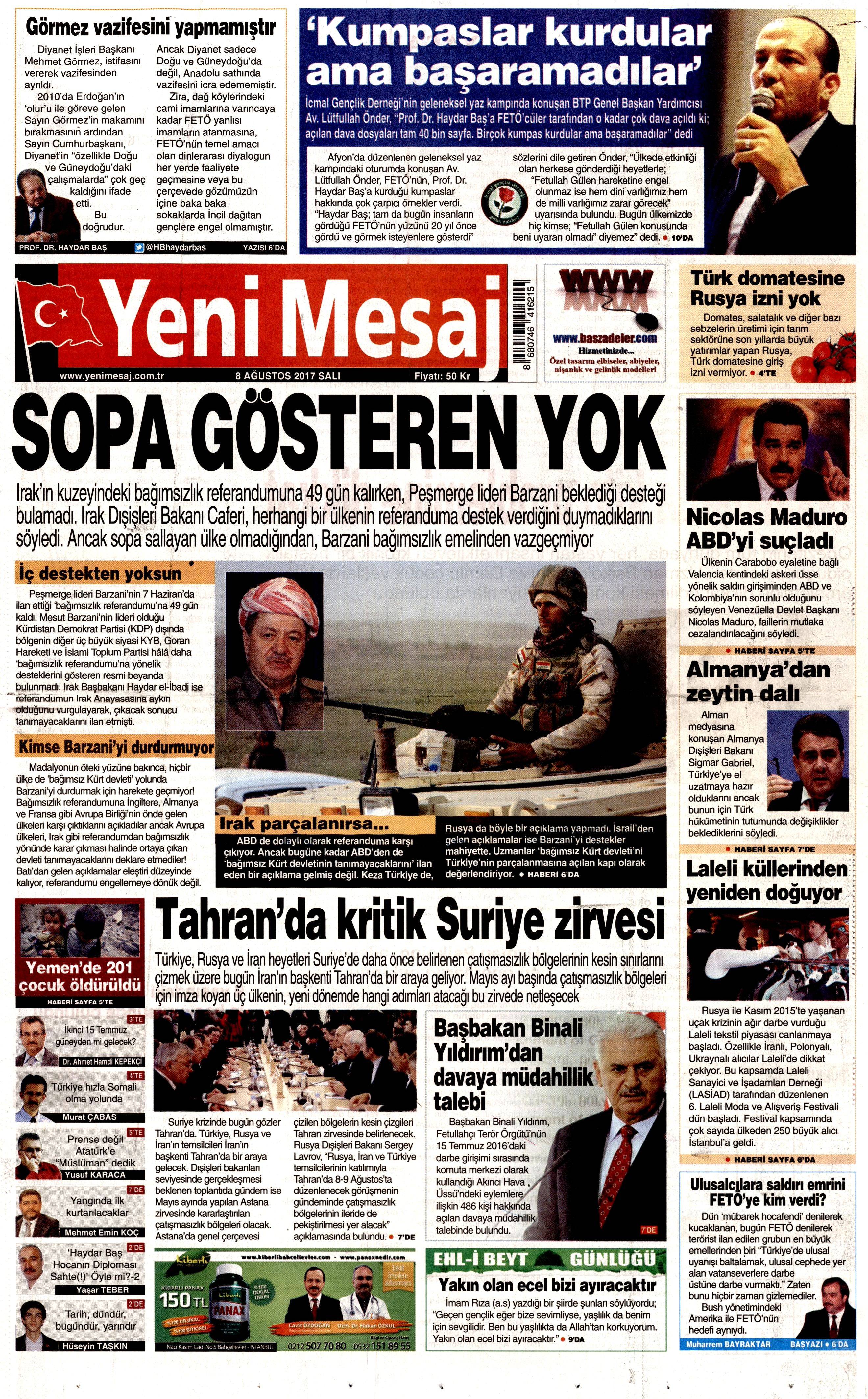 8 Ağustos 2017 gazete manşetleri - 0