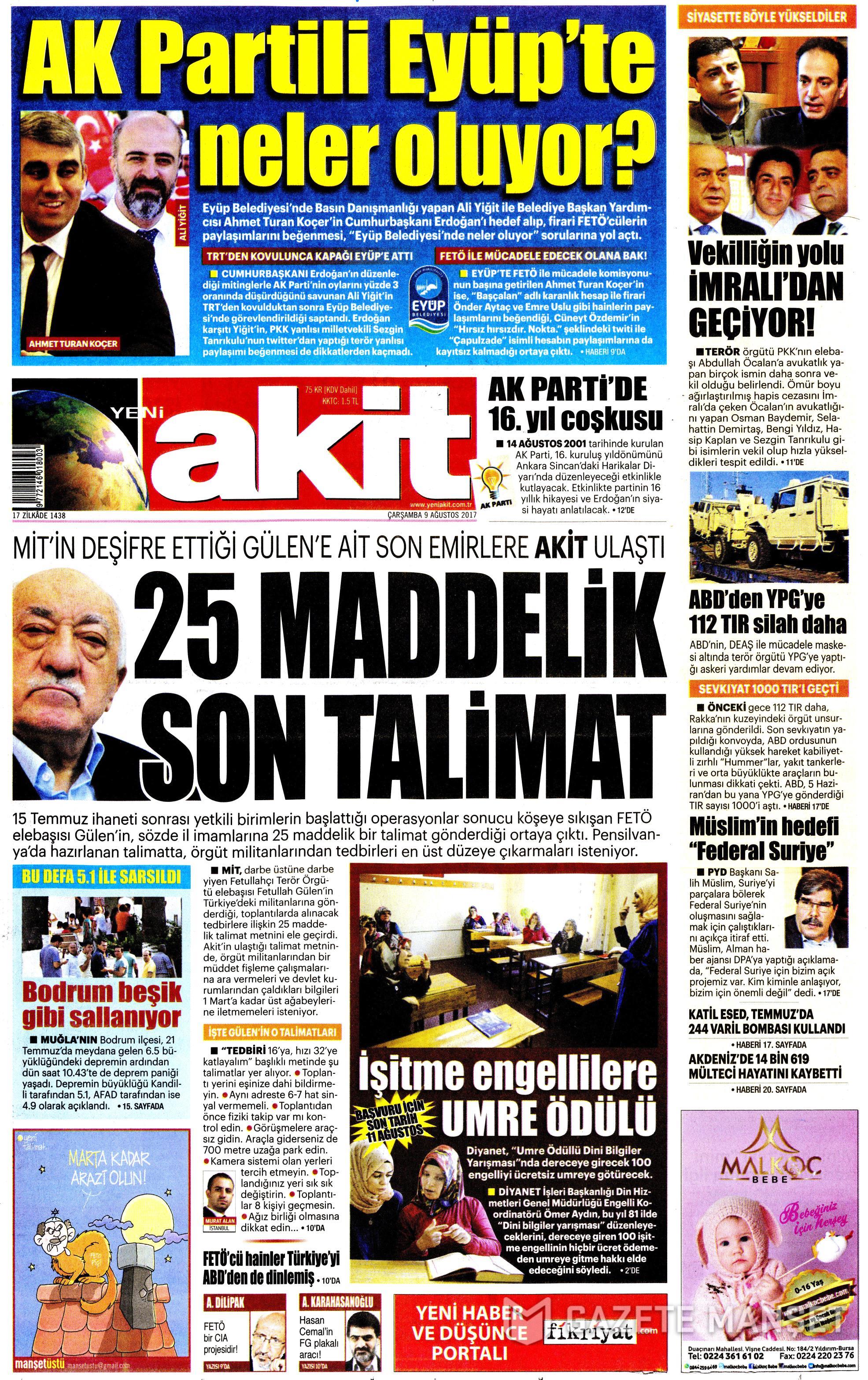 9 Ağustos 2017 gazete manşetleri - 2