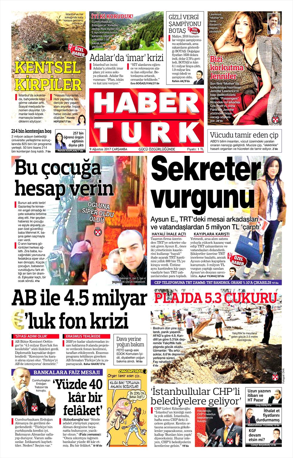 9 Ağustos 2017 gazete manşetleri - 9