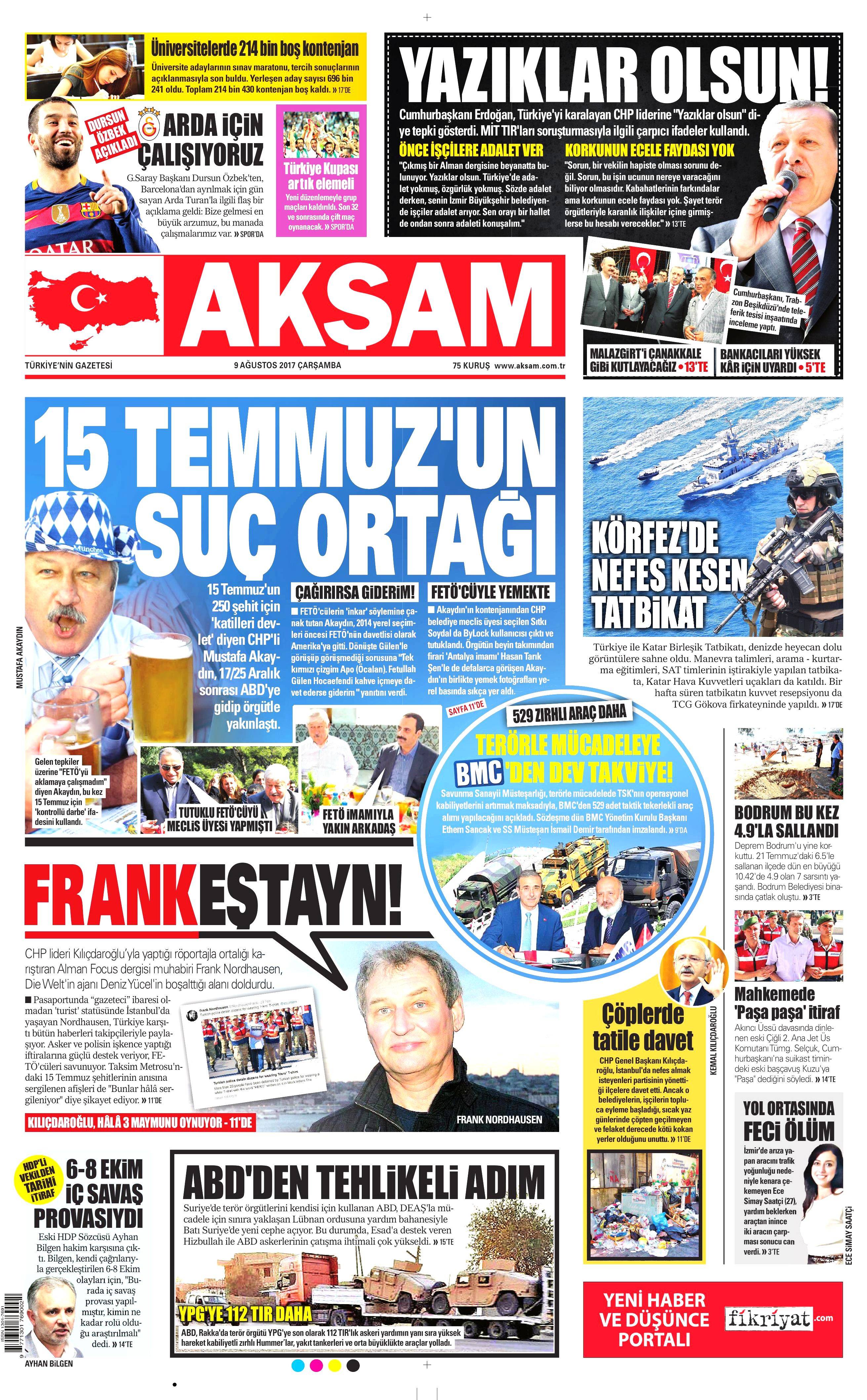 9 Ağustos 2017 gazete manşetleri - 1
