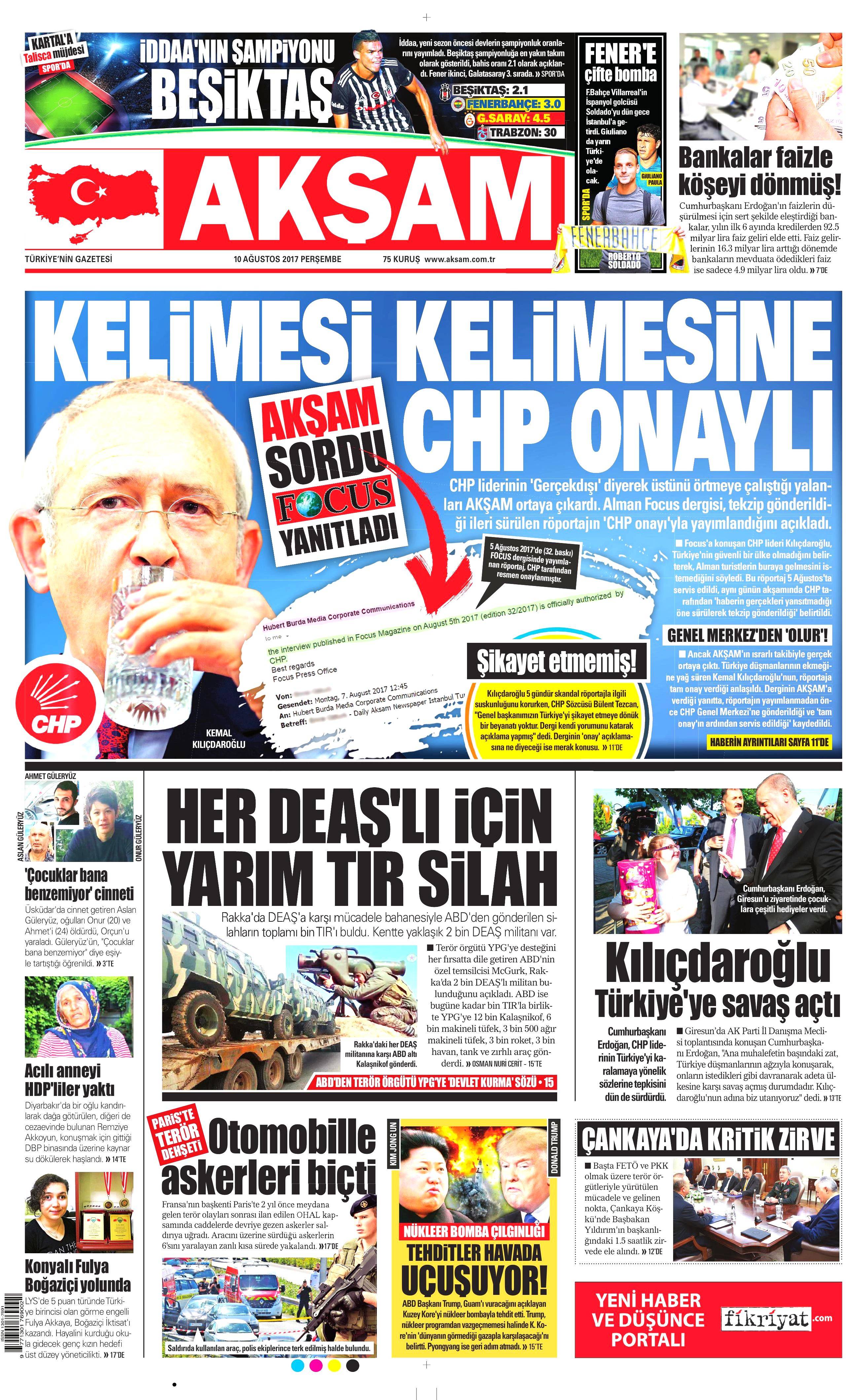 10 Ağustos 2017 gazete manşetleri - 1