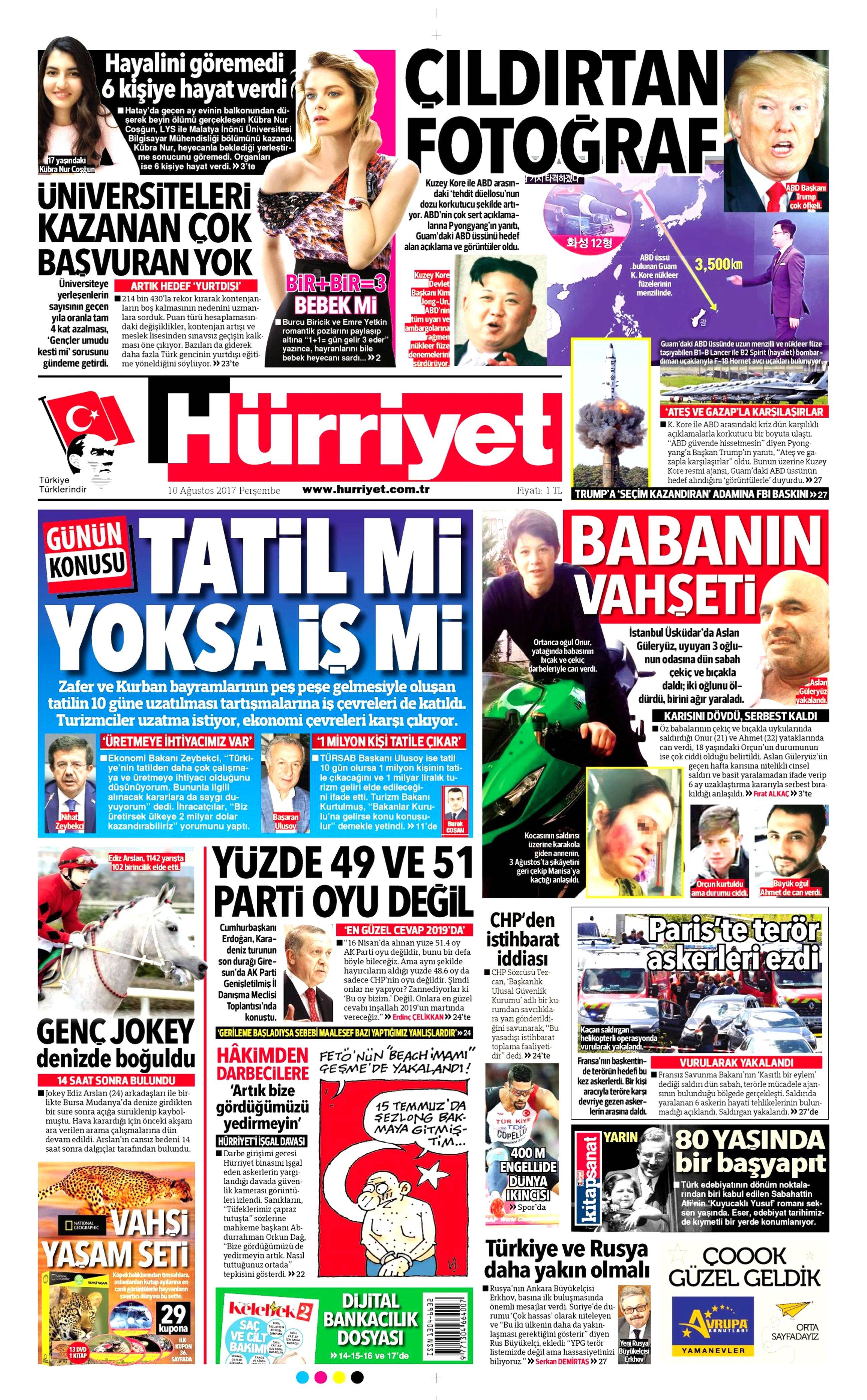 10 Ağustos 2017 gazete manşetleri - 10