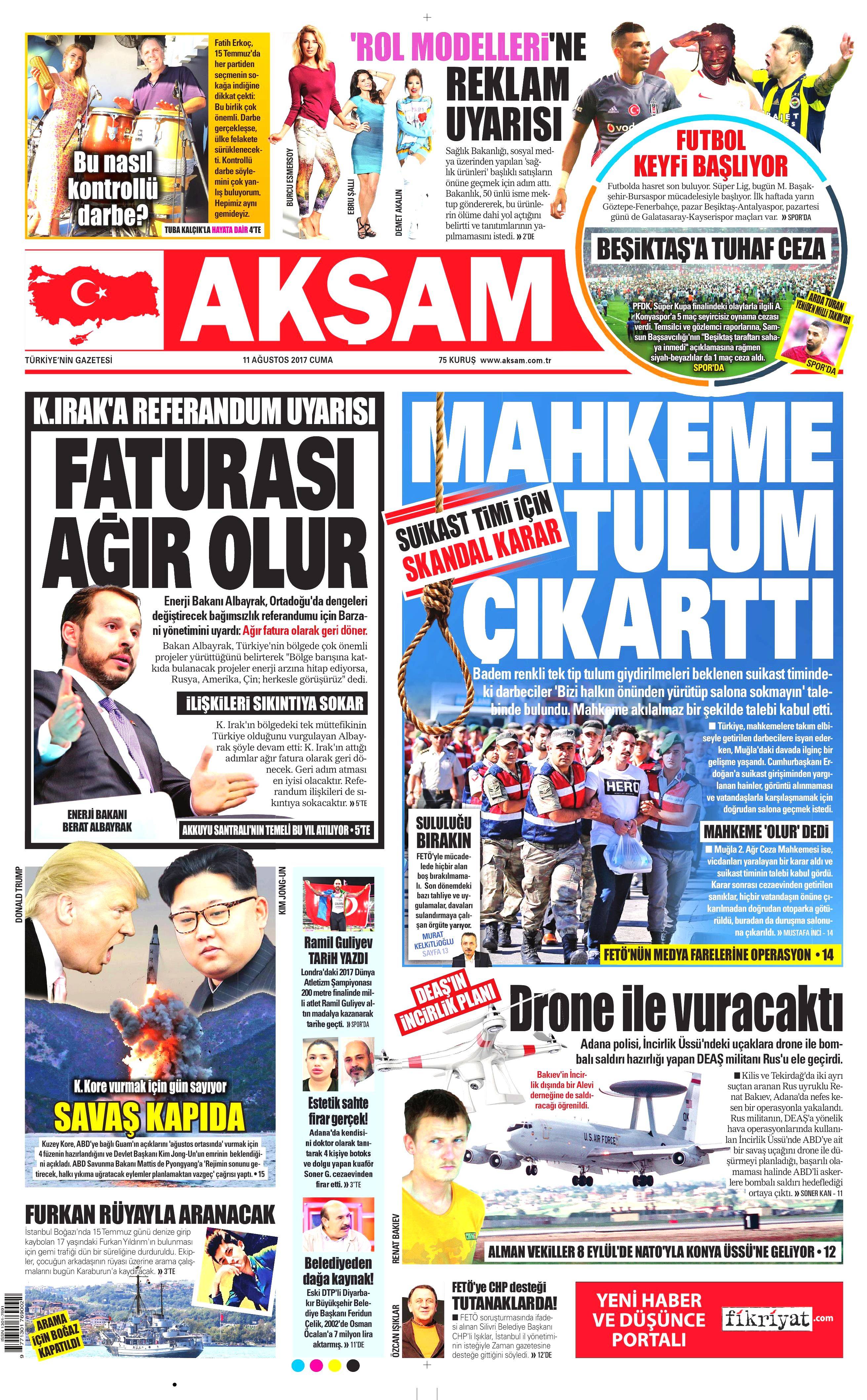 11 Ağustos 2017 gazete manşetleri - 1