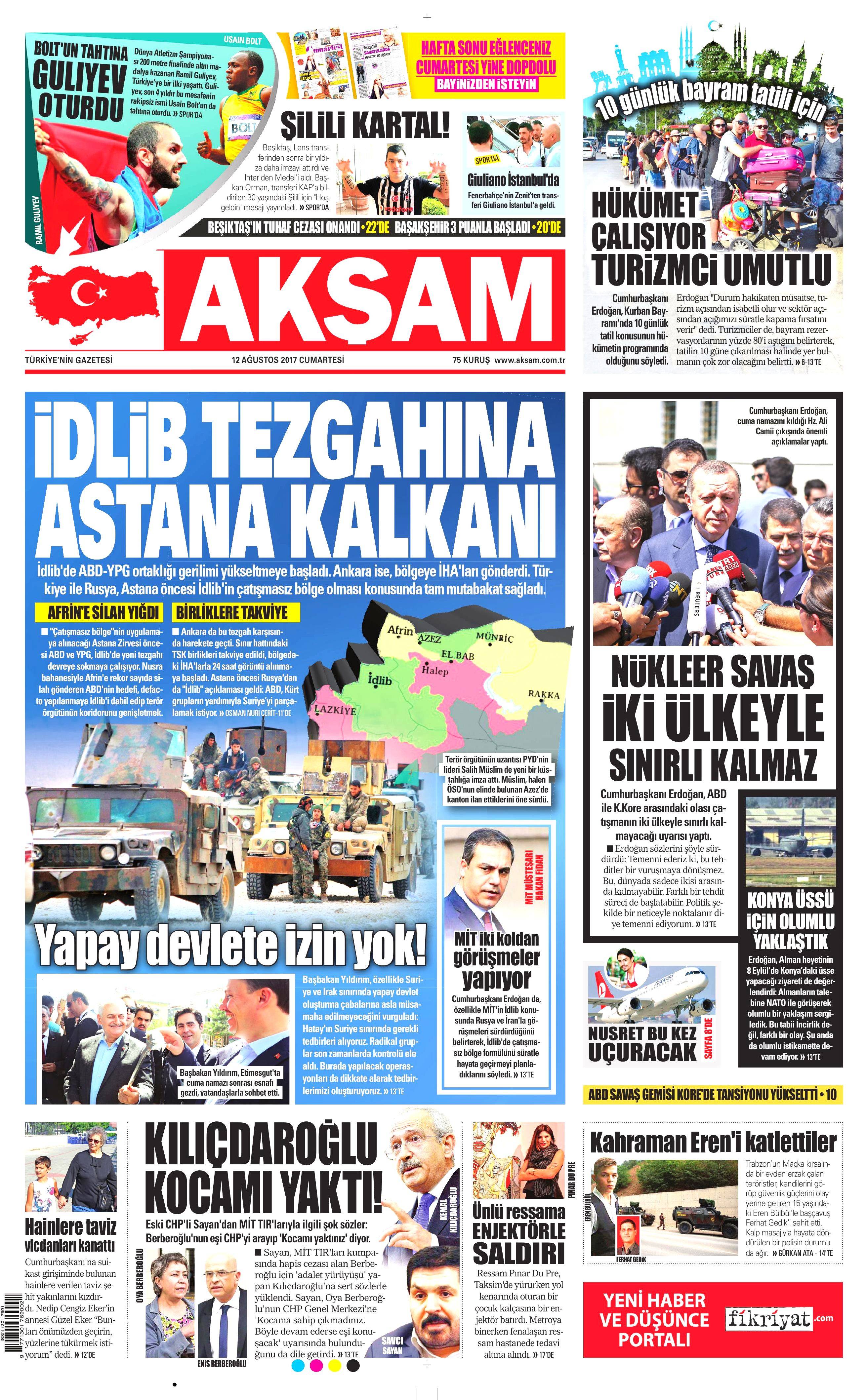 12 Ağustos 2017 gazete manşetleri - 1