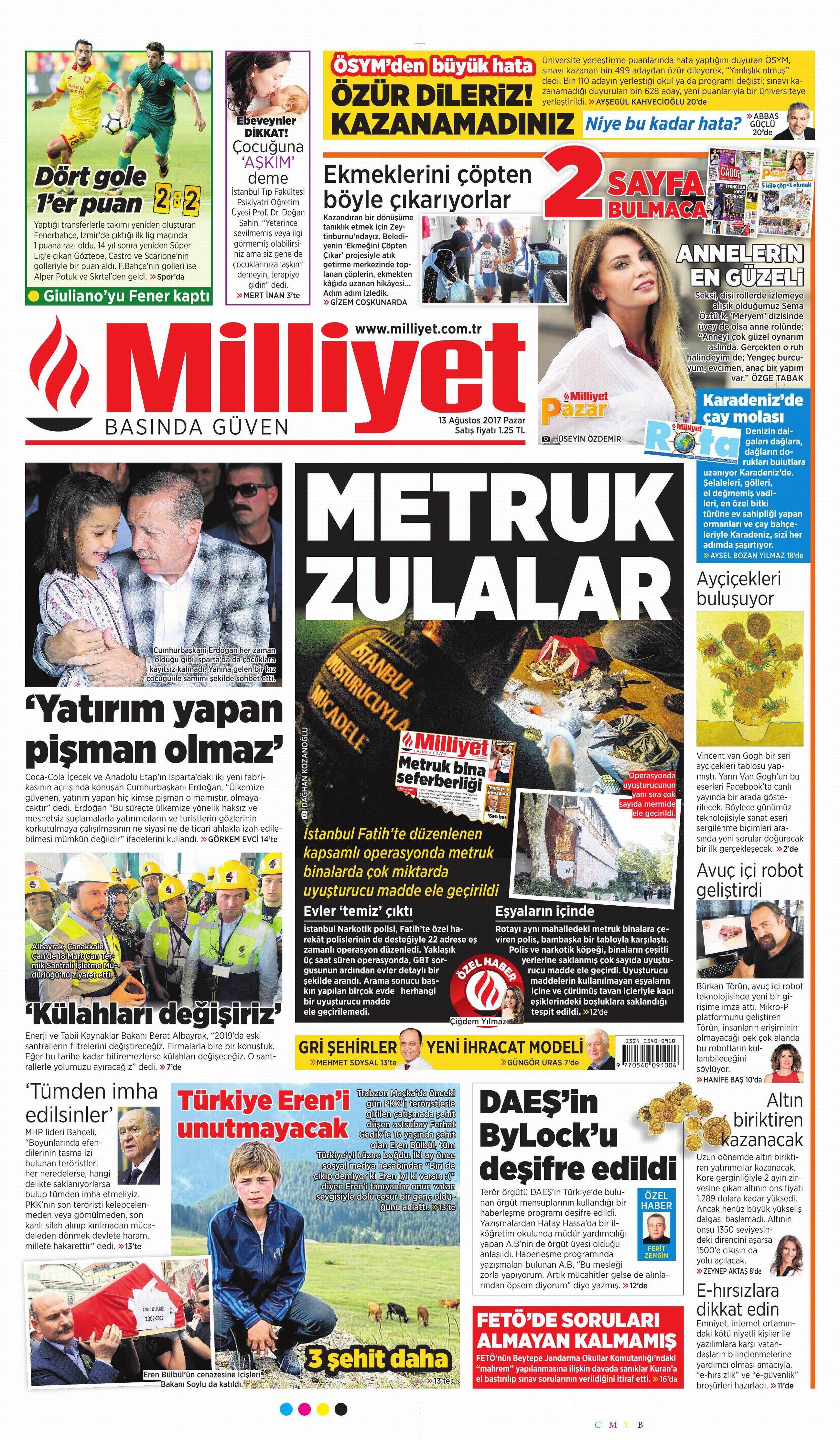 13 Ağustos 2017 gazete manşetleri - 13