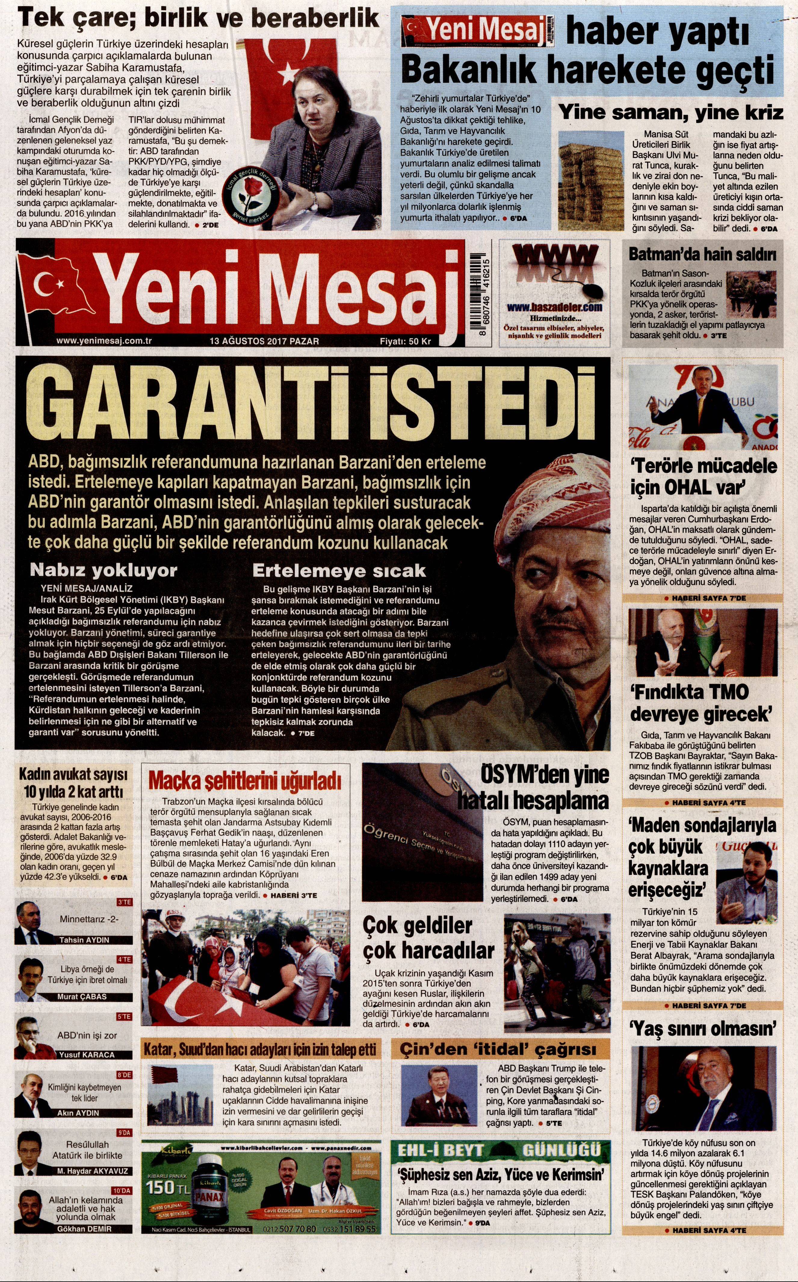 13 Ağustos 2017 gazete manşetleri - 25