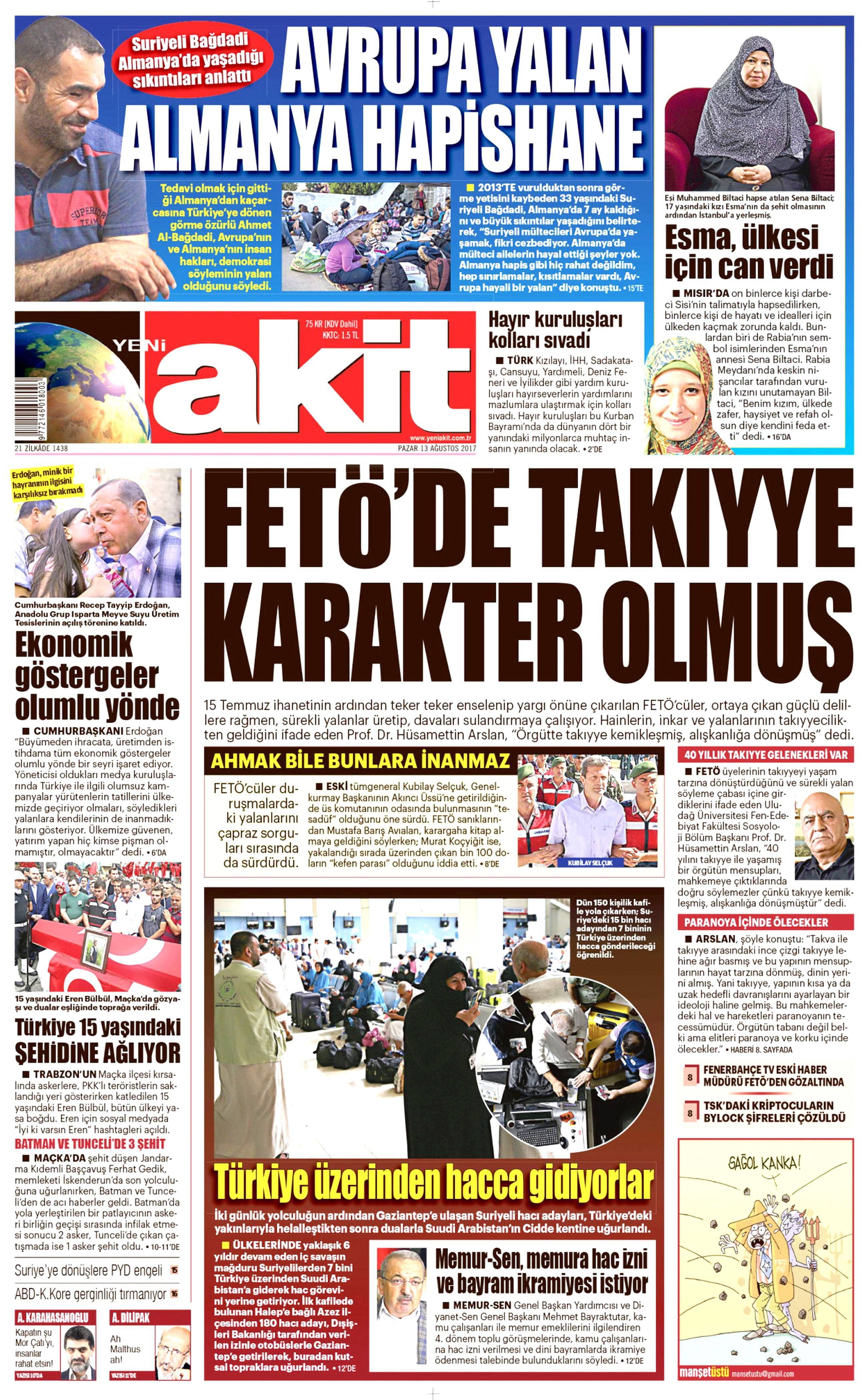 13 Ağustos 2017 gazete manşetleri - 2