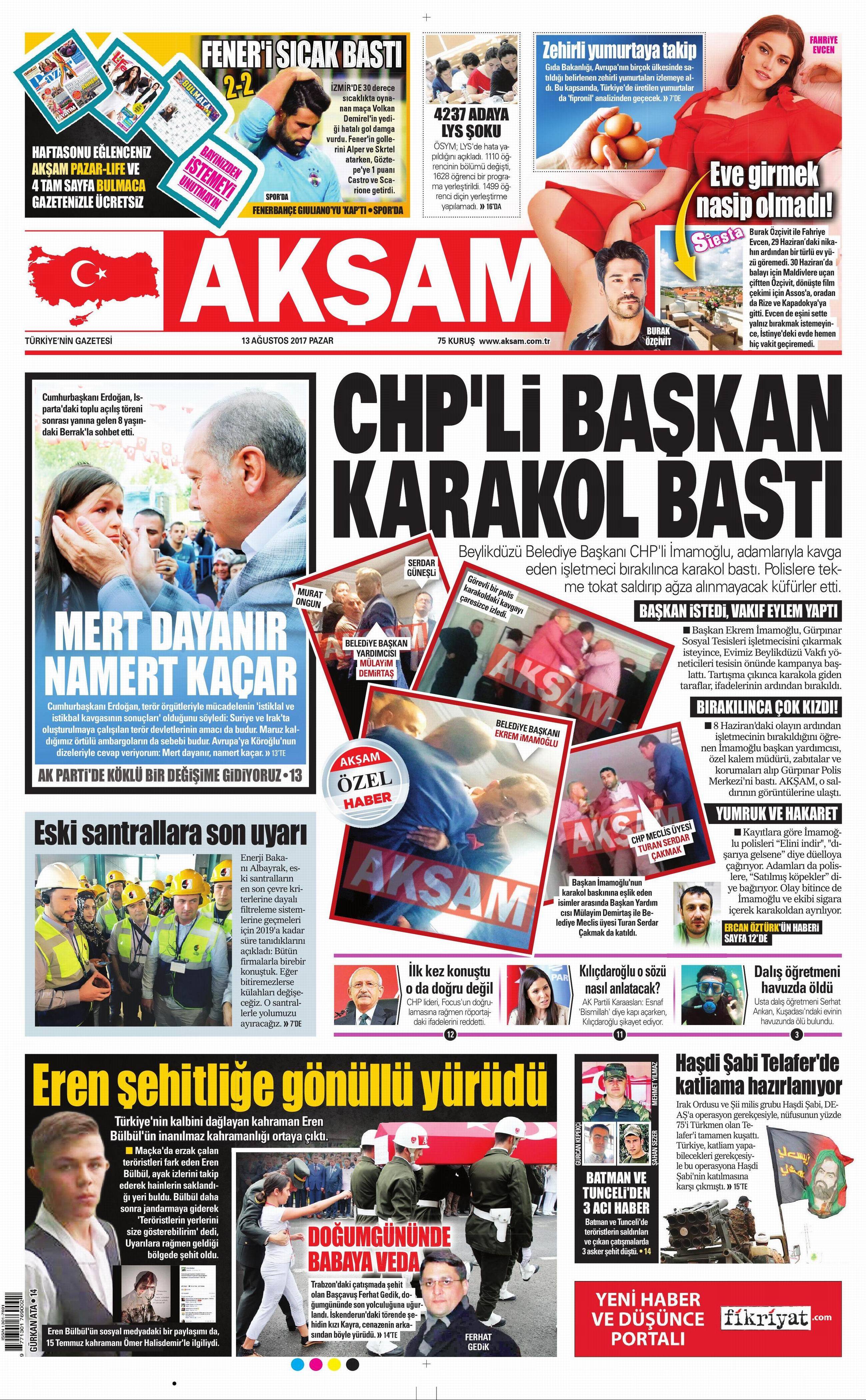 13 Ağustos 2017 gazete manşetleri - 1