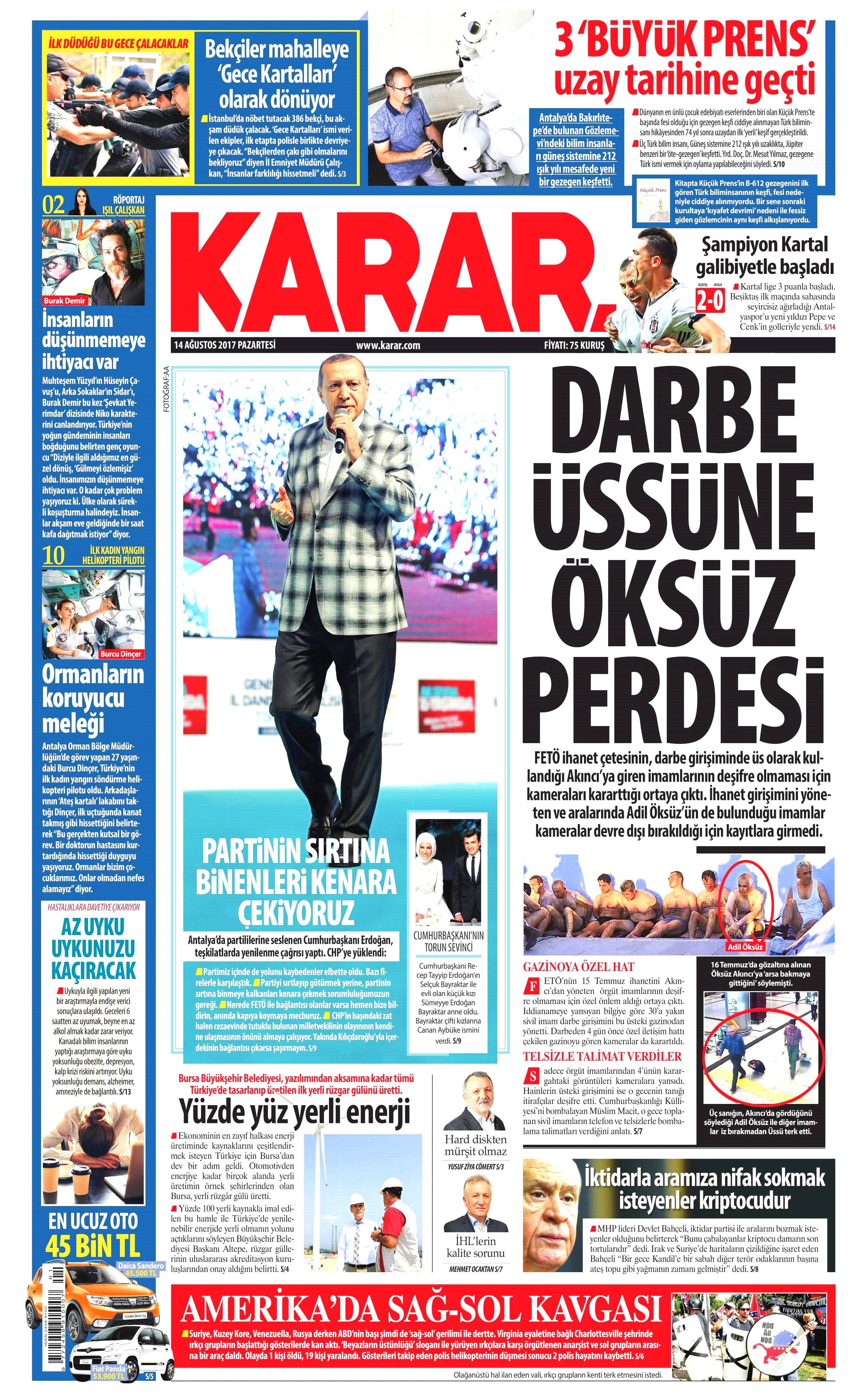 14 Ağustos 2017 gazete manşetleri - 14