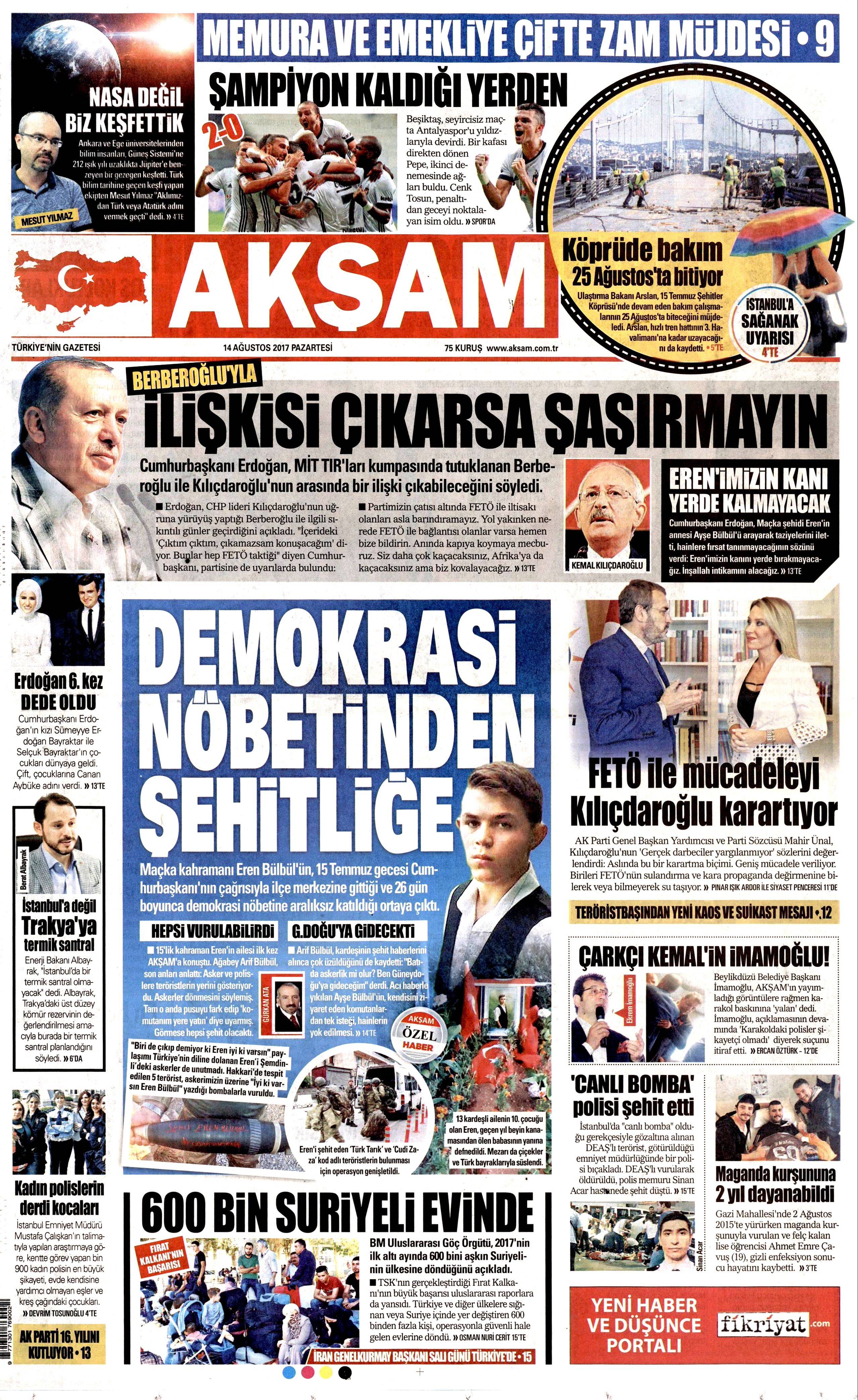 14 Ağustos 2017 gazete manşetleri - 1