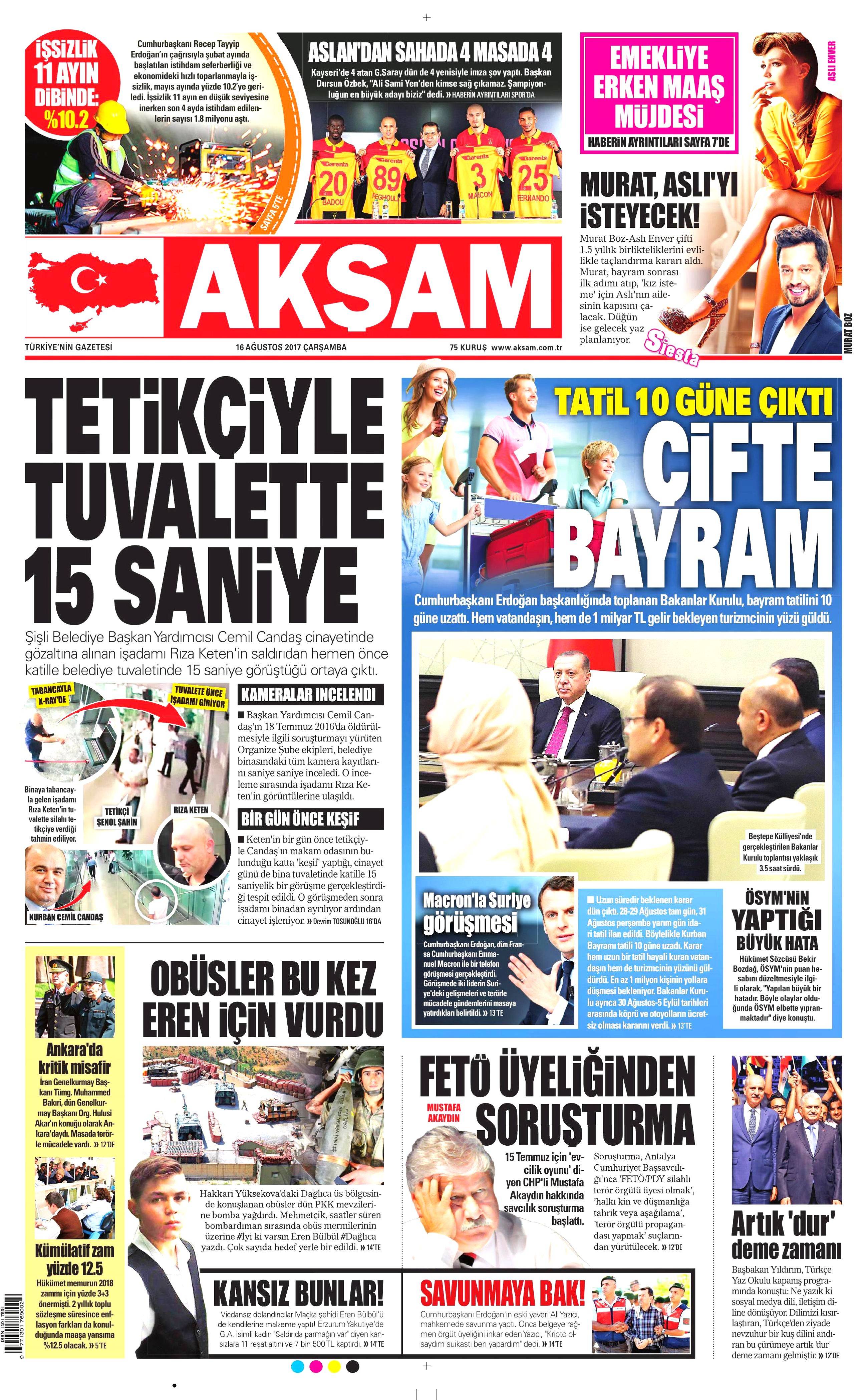 16 Ağustos 2017 gazete manşetleri - 1