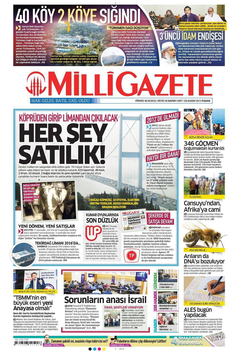 22 Kasım 2015 gazete manşetleri - 937