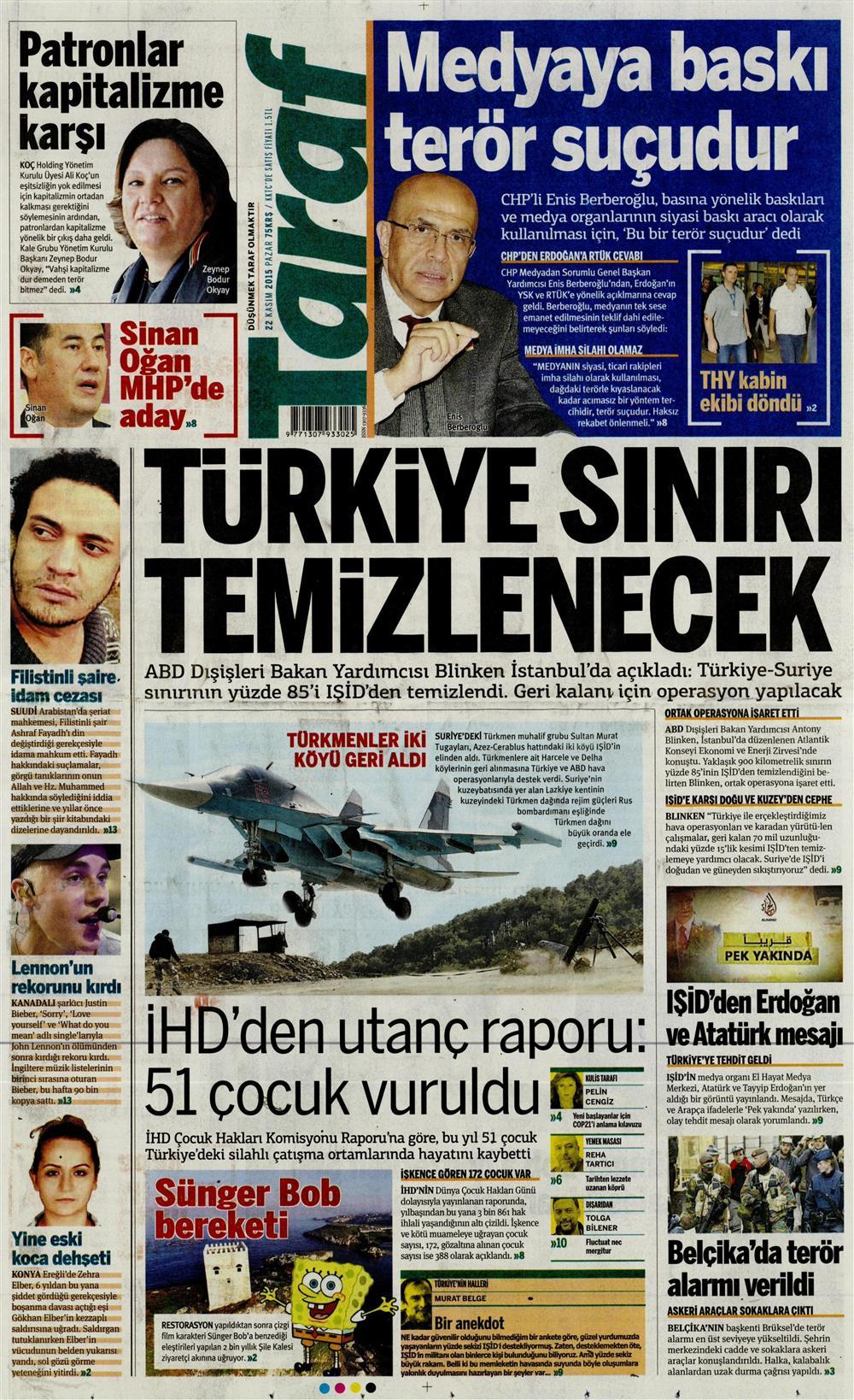 22 Kasım 2015 gazete manşetleri - 600