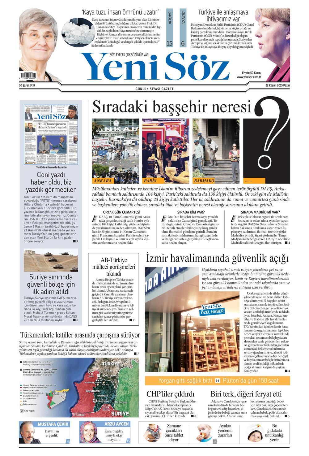22 Kasım 2015 gazete manşetleri - 707